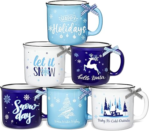 ZOIIWA Juego de 6 tazas de café de invierno con cinta para fiesta de Navidad, tazas de cerámica de copo de nieve para regalo de Navidad, decoración