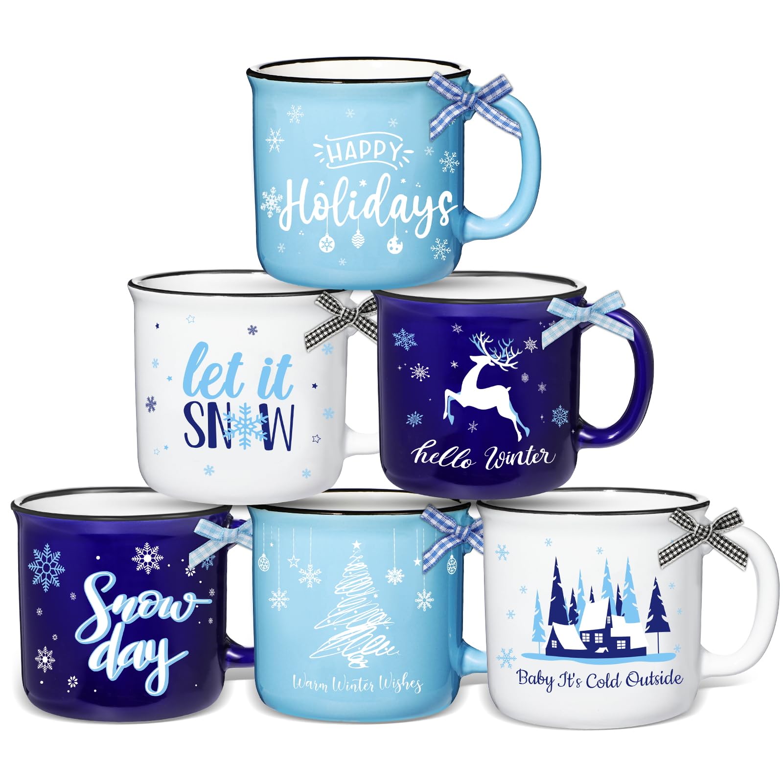 ZOIIWA 9 Pack Winter Coffee Mug Set with Ribbon for Christmas Party Snowflake Ceramic Mugs For Christmas Gift Christmas Theme Decor for Home Kitchen Table Centerpieces Decor Xmas Housewarming Gift