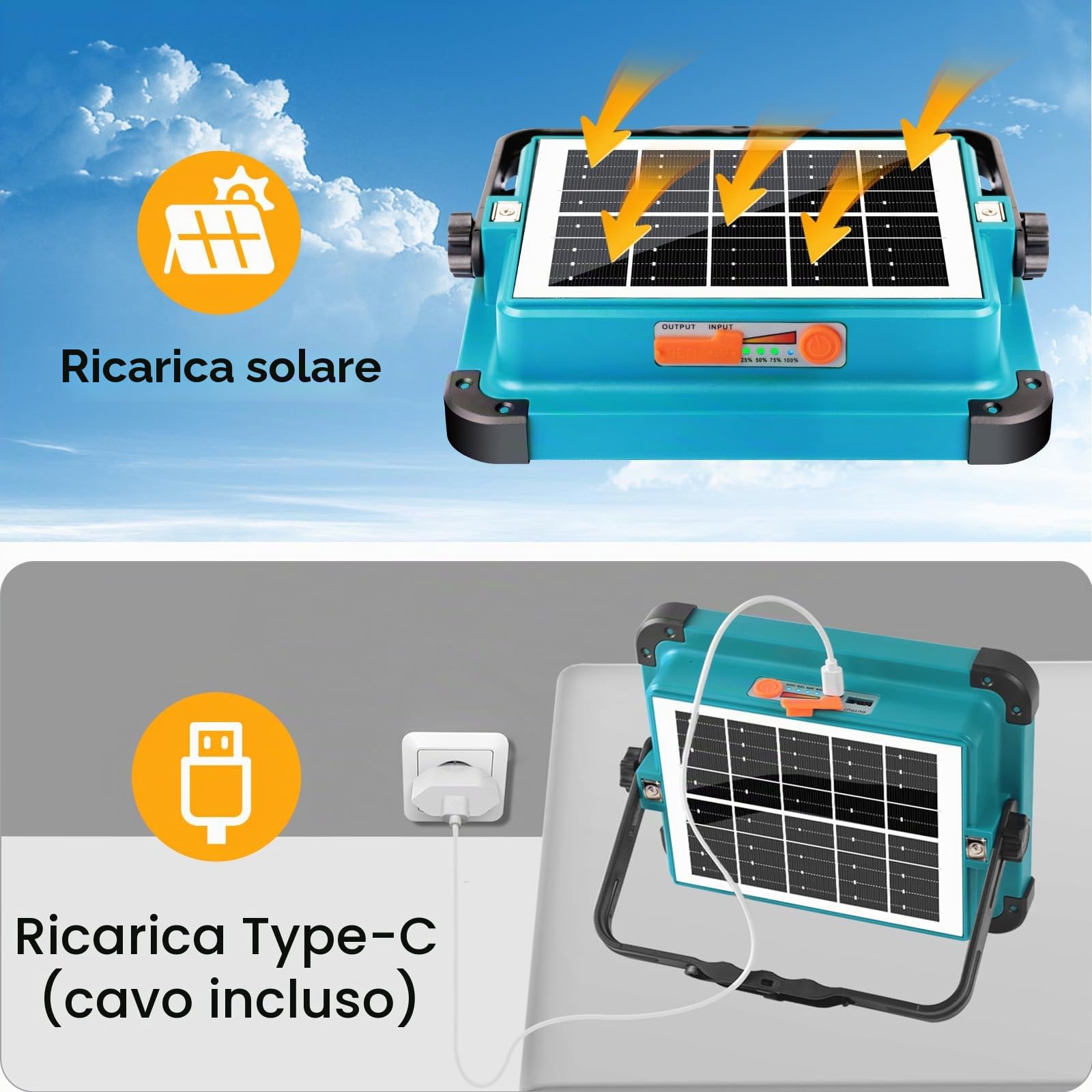 ERAY 100W Faro LED Ricaricabile Batteria da 12000mAh | 5 Modalità, 480 Perle LED, Pannello Solare, Faretto LED da Cantiere per Emergenza, Campeggio, Riparazione, Garage, Esterni