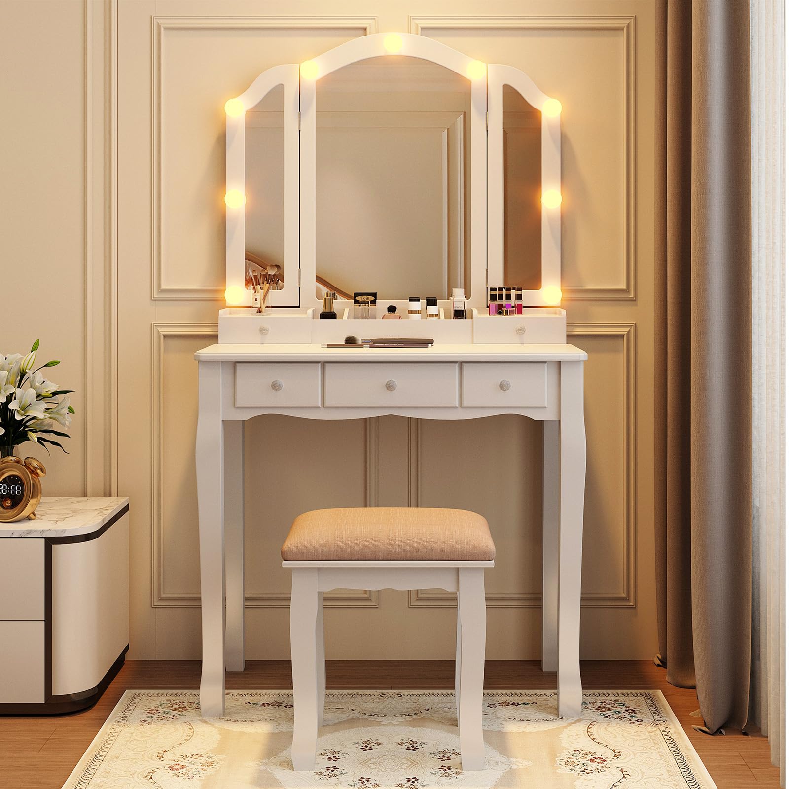 HIULOG Vanity Desk with Mirror and Lights, Vanity with Stool,5 Drawers and Cabinets White Vanity Mirror with LED Lights Vanity Desk and Chair for Bedroom