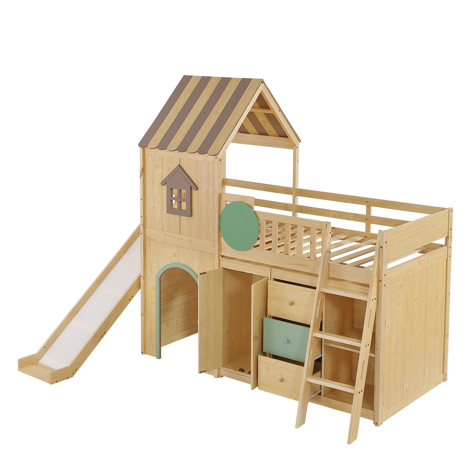Merax Hochbett 90x200 cm Etagenbett mit Treppe und Rutsche, Hausdesign Bettgestell aus Kiefer und MDF, mit Schrank, Schubladen und Ablagefächern, Natur Grün