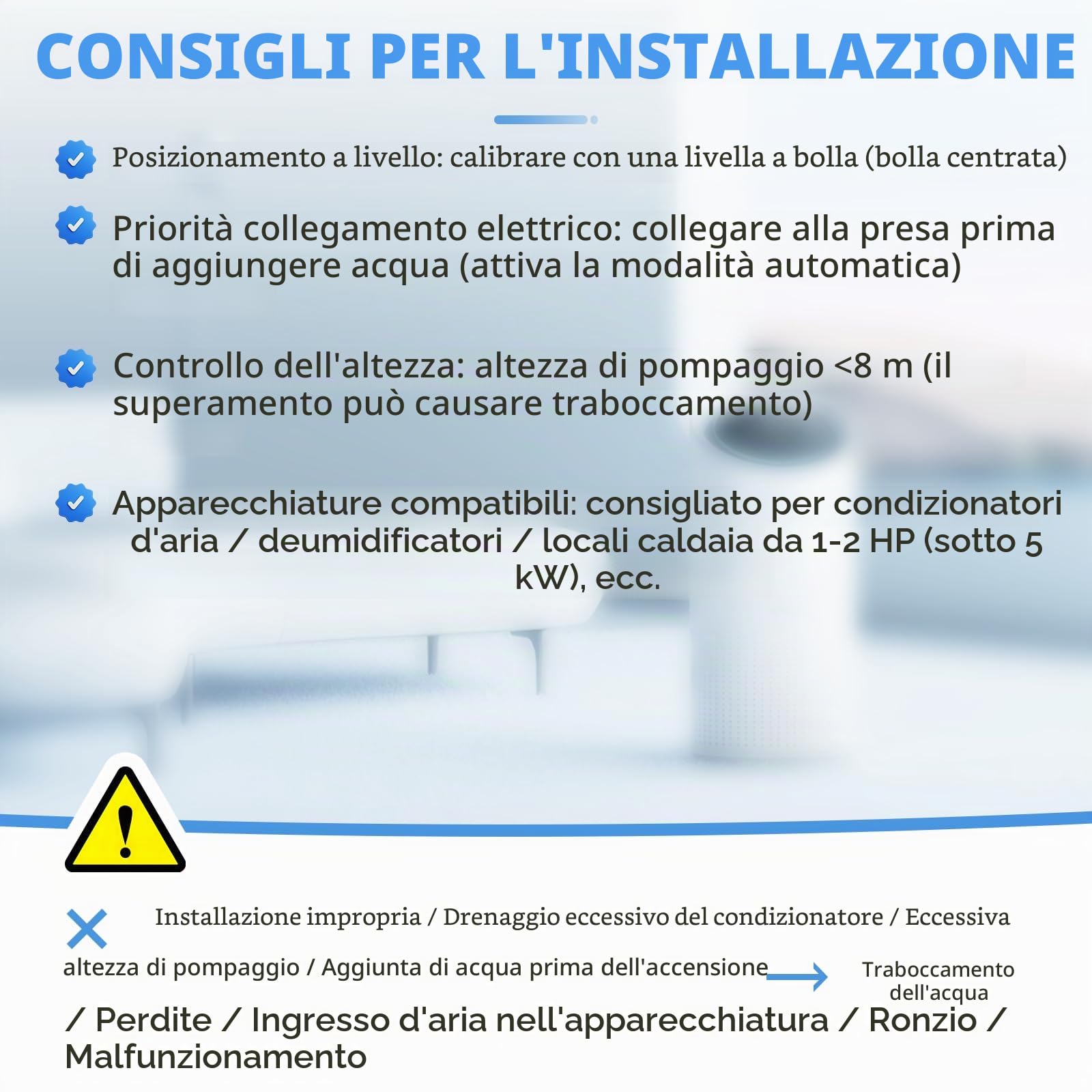 BAOSHISHAN Pompa per condensa 24L/H Sistema di sollevamento della condensa con allarme di troppopieno, pompa di condensazione per sistemi di condizionamento dell'aria di potenza da 8 kW