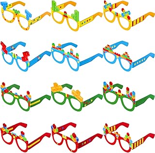 Fiada 12 Pieces Building Bricks Party Favors Glasses Building Bricks Glasses Photo Booth Props for Kids Toddlers Building Bricks Theme Birthday Party Favors Boys Girls Games Decorations Supplies