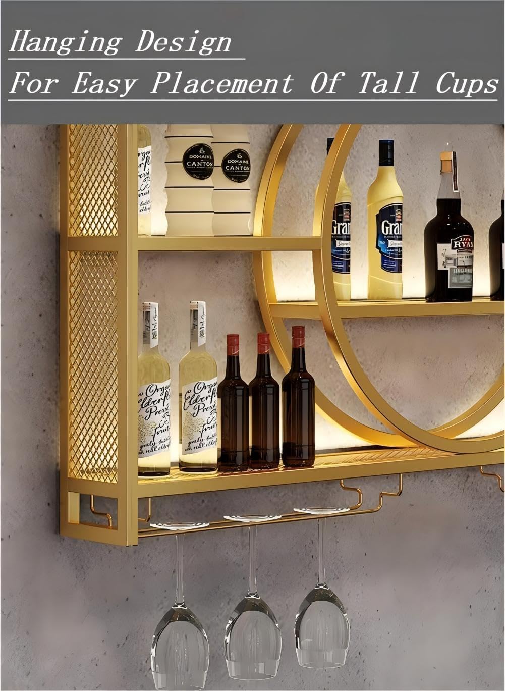 Wall Mounted Wine Rack,3-Tier Metal Wine Bottle Shelf with Wine Glass Holder, Modern Bar Shelves Bar Liquor Bottle Display Shelf Multifunctional Wine Storage Rack for Home Bar (Black, 100)