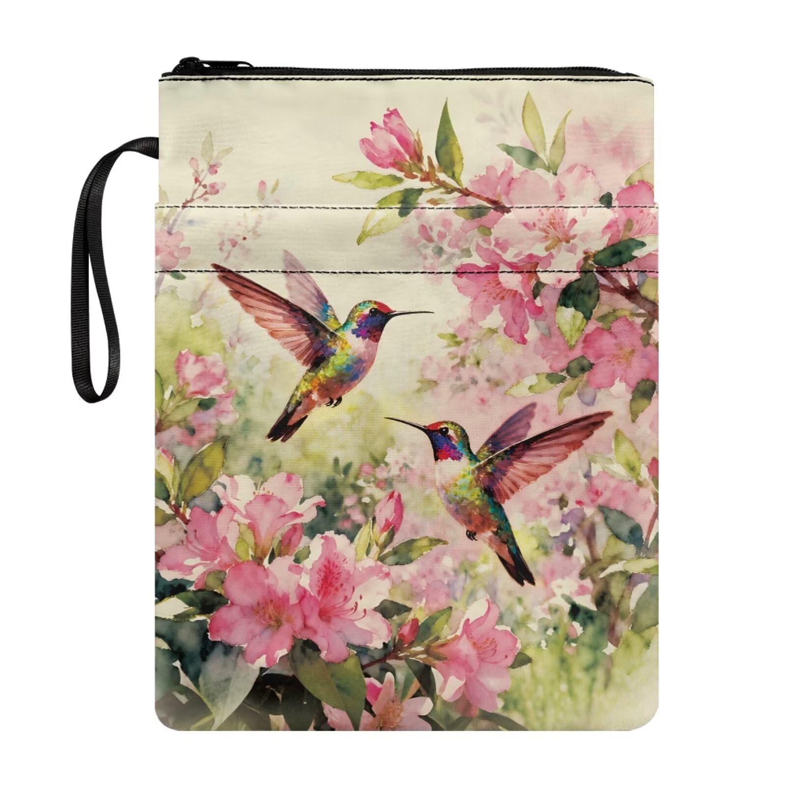 Poceacles Book Sleeve with Pockets Washable Fabric Paperback Book Cover Pouch Protector with Zipper for Hardcover Textbook, 29 x 22 cm, Azalea Flower Hummingbird โ image 1