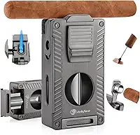 Isqueiro de charuto, Isqueiro tudo-em-1 Suporte de charuto embutido Furador de charuto Realçador de desenho de charutos Cortador de charutos Corte V, Isqueiros de butano recarregáveis de chama