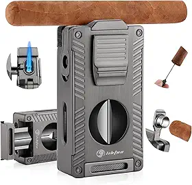 Isqueiro de charuto, Isqueiro tudo-em-1 Suporte de charuto embutido Furador de charuto Realçador de desenho de charutos Cortador de charutos Corte V, Isqueiros de butano recarregáveis de chama