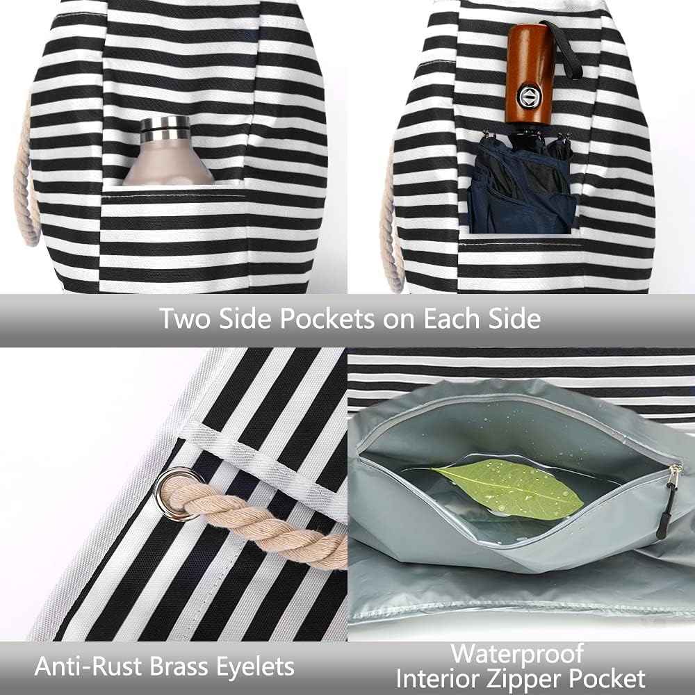 Magnetic Snap Closure Beach Bag,7 Pockets Waterproof Pool Tote Bag, Foldable Sandproof Swimming Bag Green Leaf Pattern