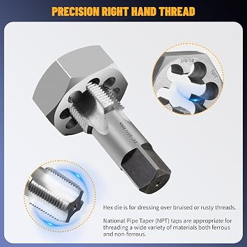 NPT Pipe Tap and Die Set, Hex Die Set 1/16, 1/8, 1/4, 3/8, 1/2, 3/4 and 1, 15pcs High Speed Steel Taps Carbon Steel Dies