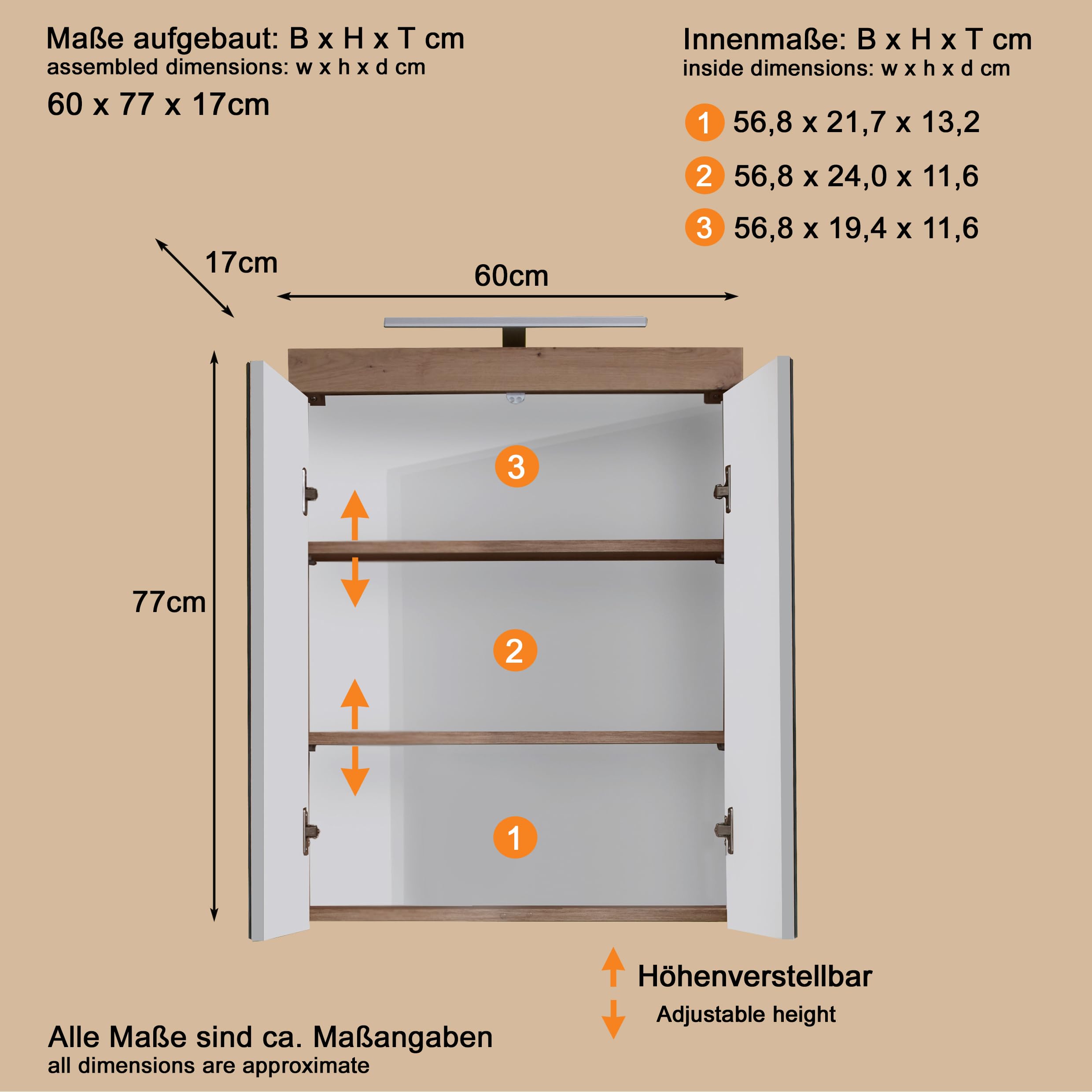 trendteam smart living - Spiegelschrank inkl. Beleuchtung - Bad - Amanda - Aufbaumaß (BxHxT) 60 x 77 x 17 cm - Farbe Weiß Hochglanz mit Asteiche - 139340607