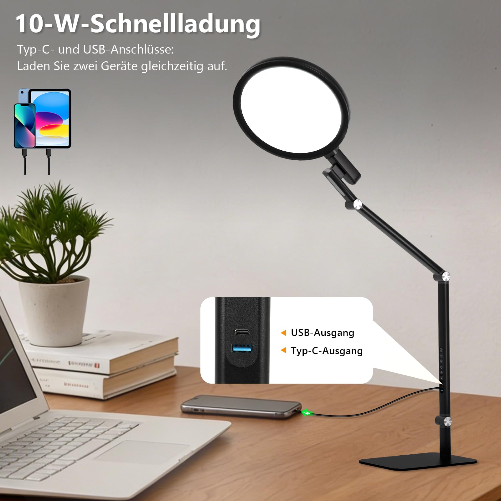 Schreibtischlampe Led Dimmbar, 5 Farben und 5 Helligkeitsstufen | Tischlampe mit USB-Ladeanschluss Touch-Steuerung für Kinder, Schlafzimmer, Lektüre, Büros