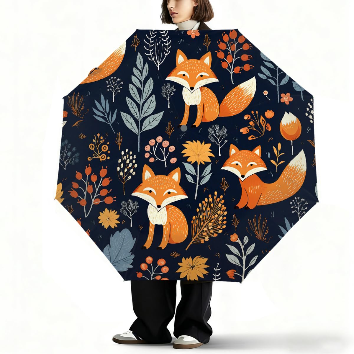 Art Forest Fox - Ombrello pieghevole da viaggio con foglie autunnali, compatto, antivento, impermeabile, con protezione UV, rivestimento nero, leggero, 8 costine, portatile, per pioggia e sole