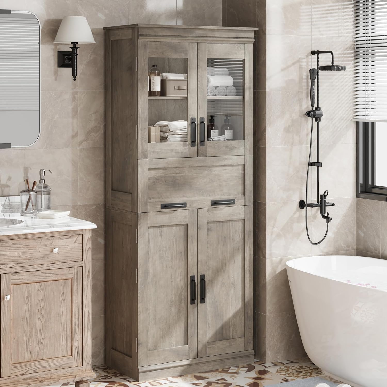 Garvee Mueble De Baño con 4 Puertas 170cm, Cajón De Cristal Abatible y Estantes Ajustables. Organizador Independiente para Cocina y Sala De Estar - Gris