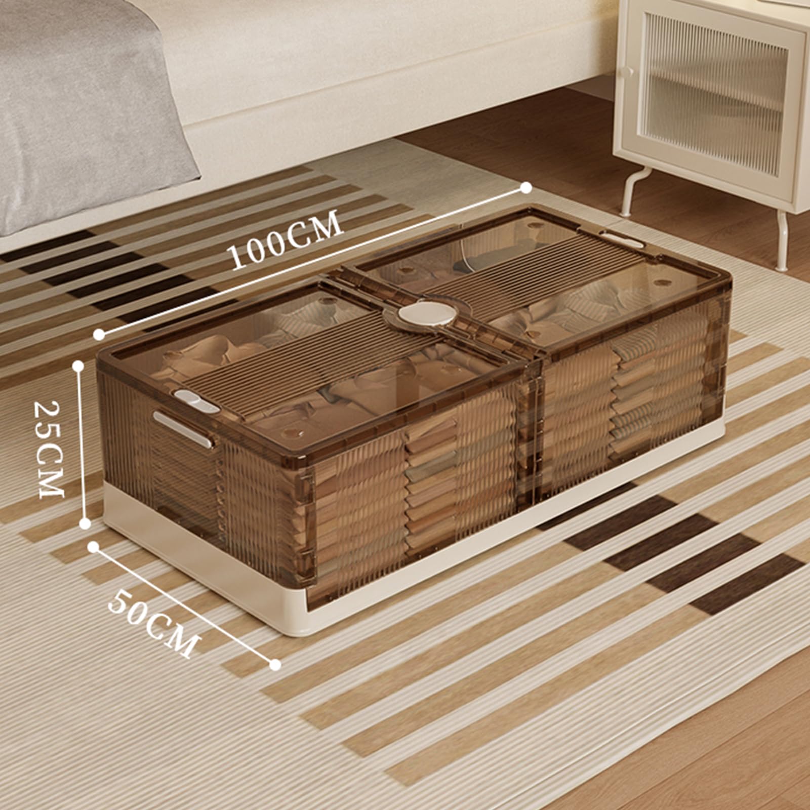 2 Stück Unterbett Aufbewahrungsbox mit Rollen, 100x50x25 cm, Faltbare Kommode aus Kunststoff, Staubdichte Bettbox mit Deckel für Kleidung, Bettwäsche, Schuhe, Transparent Braun