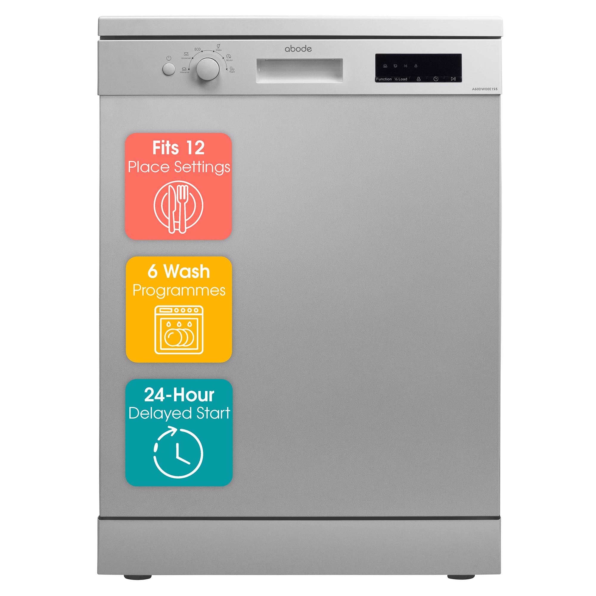 Abode Freestanding Dishwasher Class E with 12 Place Settings, 6 Wash Programs, 24-Hour Delay Start, Removable Cutlery Basket & Deep Clean Function in White A60DW00E1W — view 11