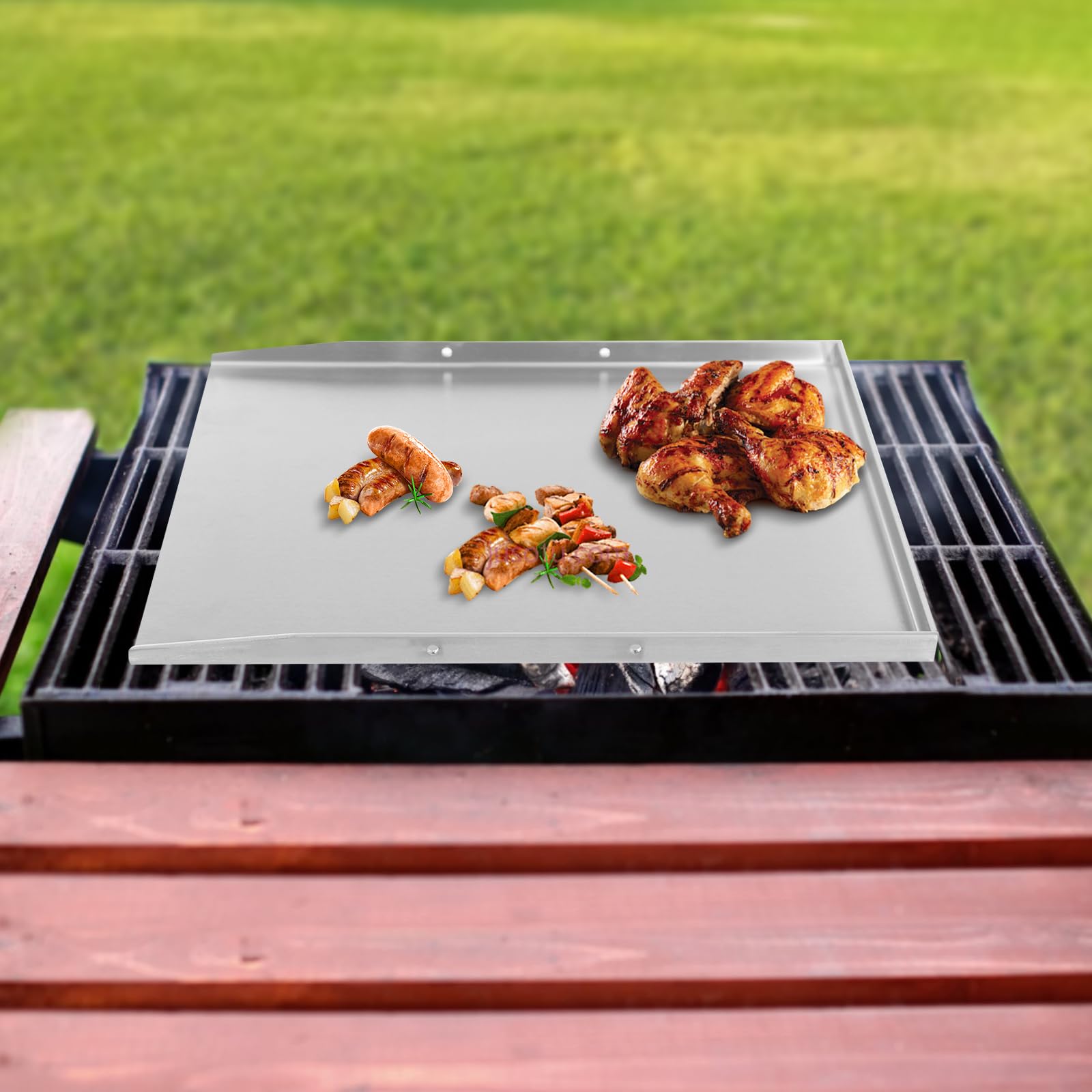 Plancha de acero inoxidable para barbacoa, camping, pícnic, con 2 asas, apta para lavavajillas, inoxidable, para carne, pescado y verduras (plata, 48 x 34 cm)