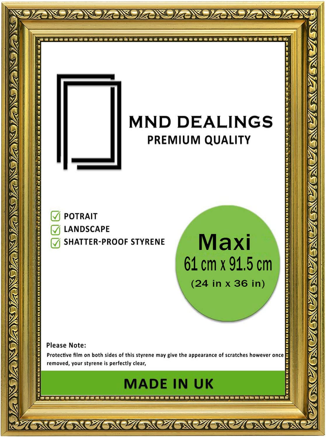 MND Dealings Ornate Shabby Chic 36X24 Picture Photo Poster Frame -Gold Antique Vintage Style - MDF backing board with Perspex Sheet | for Gift Wall Art Gallery Home Decor-36X24 (91.4X61 CM)