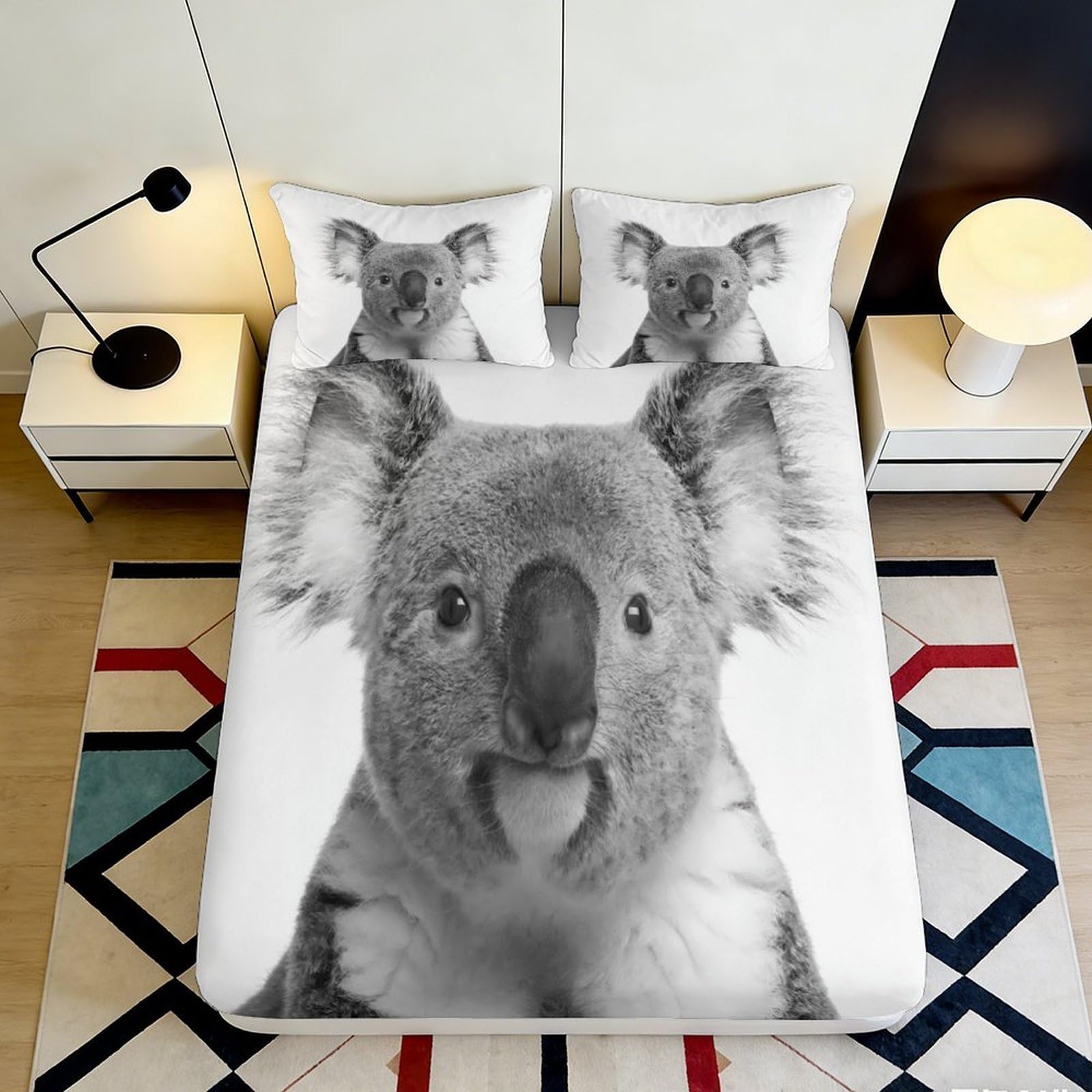 3D Printed Koala Animal Fitted Sheet Microfiber Soft Grey Cartoon Mattress Cover for Bedroom Guest Room Dorm Decor 180x200x25cm