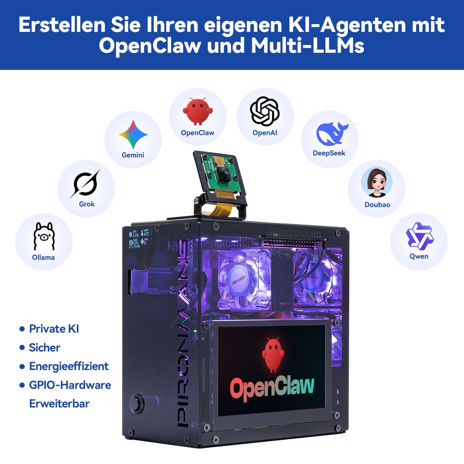 Pironman 5 Pro Max Mini-PC-Gehäuse mit 4,3" Touchscreen für Raspberry Pi 5, OpenClaw KI-Agent, Dual NVMe RAID 0/1 NAS, Kamera, Mikrofon, Audio, M.2 Hailo8, LLMs ChatGPT/Gemini (RPI5 Nicht enthalten)