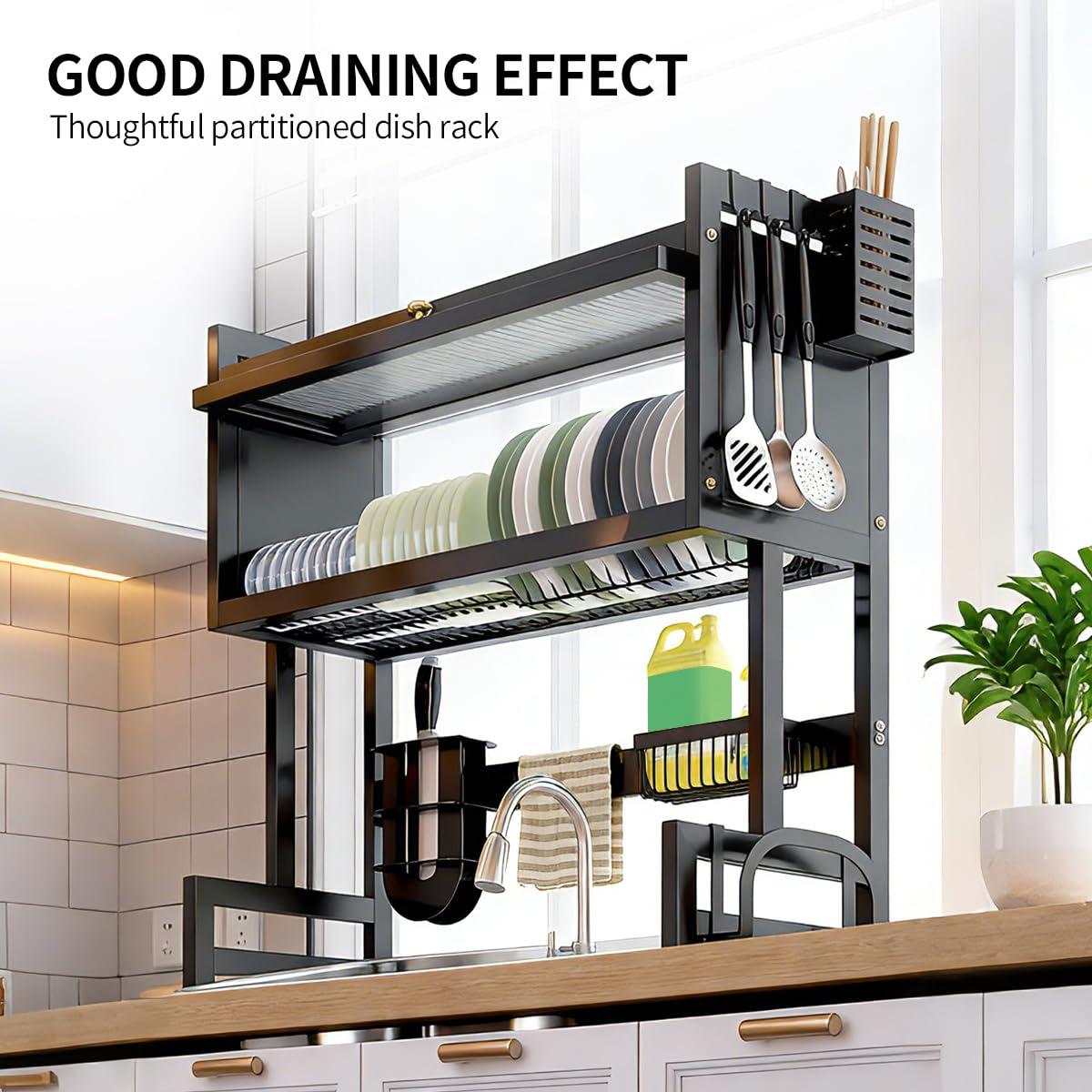 Verida Escurridor de platos sobre el fregadero de 3 niveles, escurridor de platos sobre el fregadero para almacenamiento de platos y cubiertos de cocina, estante para platos que ahorra espacio con