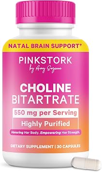 Pink Stork Choline - 550 mg Choline Bitartrate from VitaCholine for Pregnant + Postpartum Moms - Prenatal Vitamin for Fetal Cognitive Health + Breast Milk Quality - 1 Capsule Daily, 30 Count