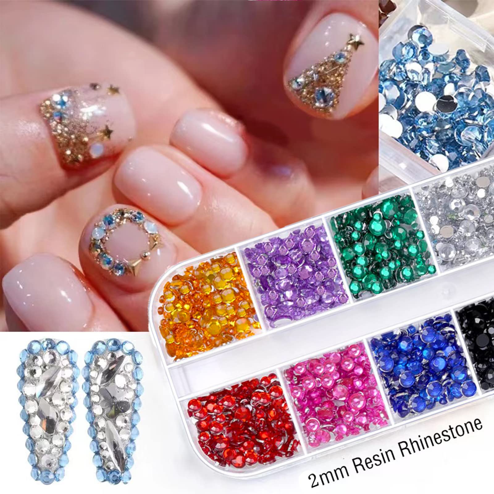 2500 Pièces Strass art d'ongle pour nail art, Gems à Dos Plat Rond Cristal Strass avec Pincette Pick Up pour la décoration des ongles, Nail Art et la Décoration de Bijoux, 2mm
