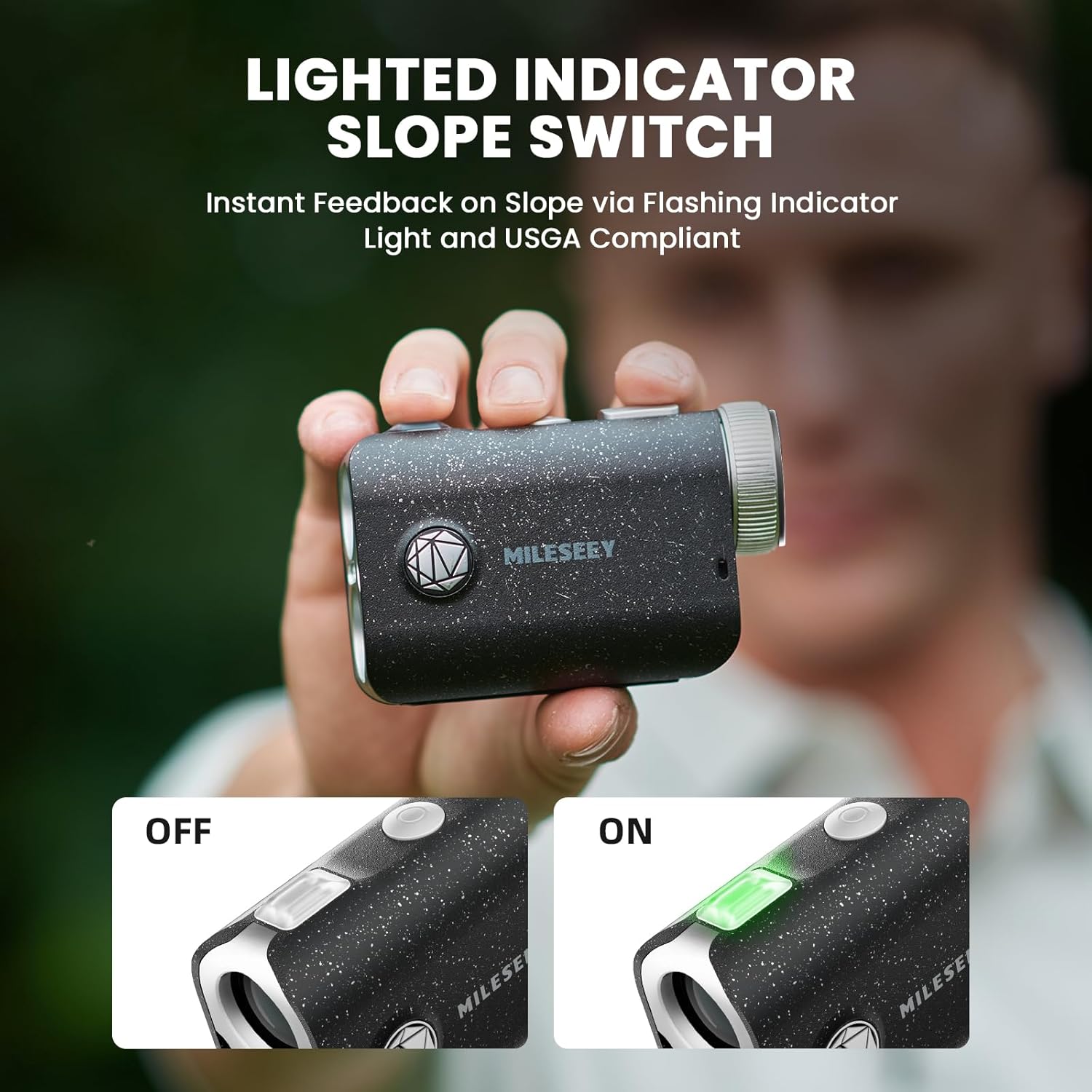 MiLESEEY PF1 Golf Rangefinder with physical slope switch showing ON and OFF positions