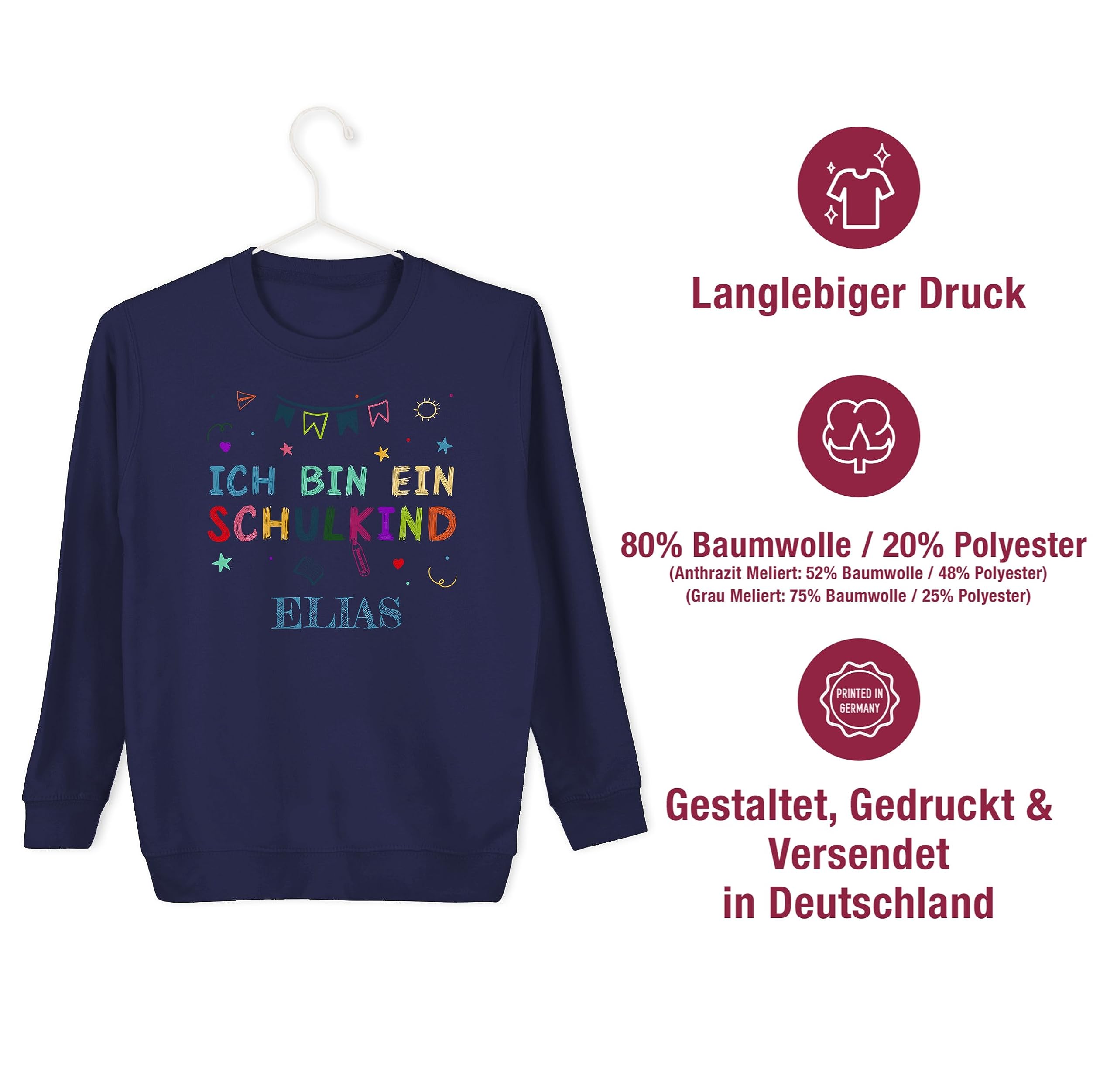 Geschenk mit Namen personalisiert by Shirtracer - Sweater Kinder Sweatshirt Jungen Mädchen Pullover - Einschulung - Ich Bin EIN Schulkind