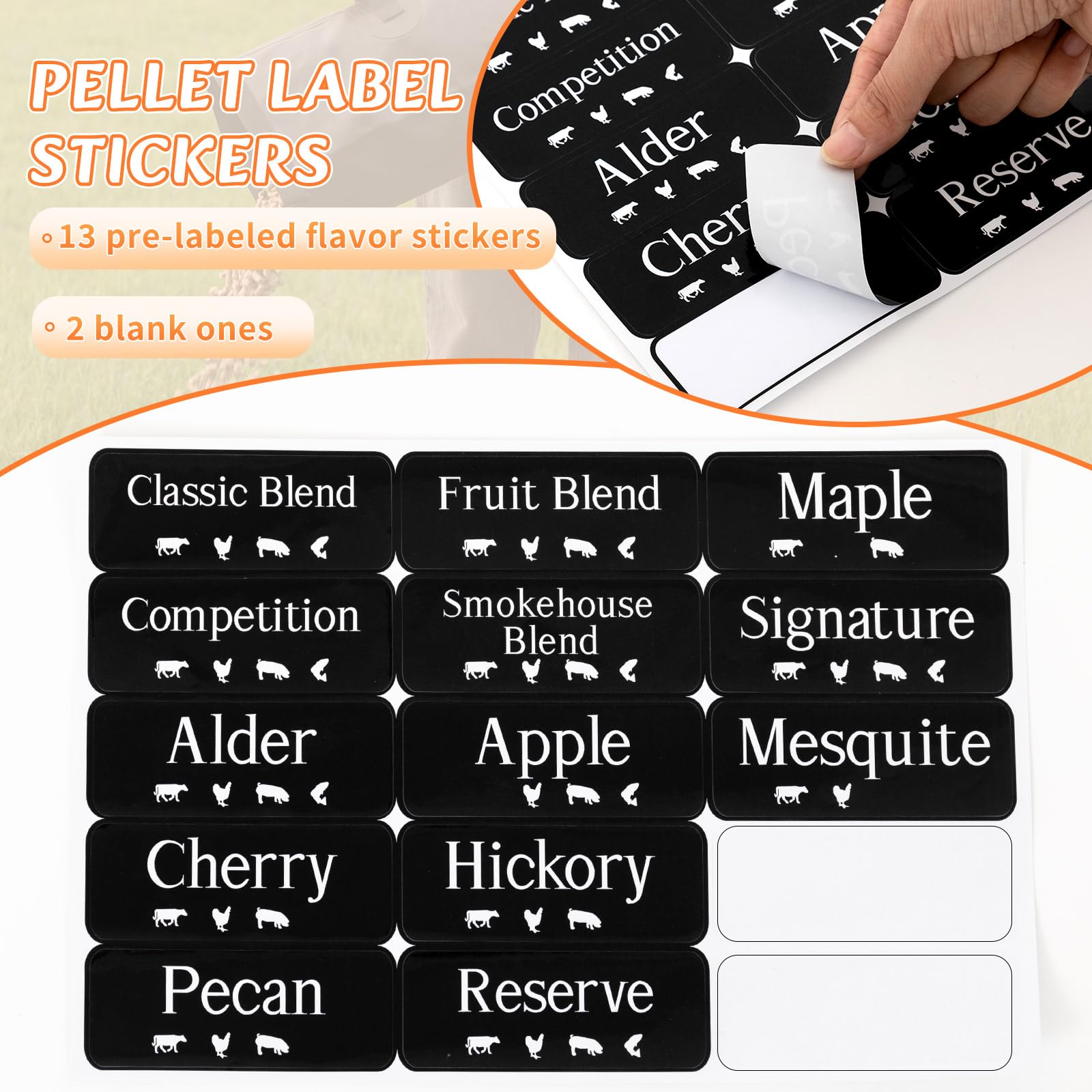 Maxdot Set di 3 contenitori secchi per pellet da 15 kg, con palette ed etichette, accessori per griglia, contenitori per pellet di legno, con adesivi aromatici, ermetici per pellet per grill