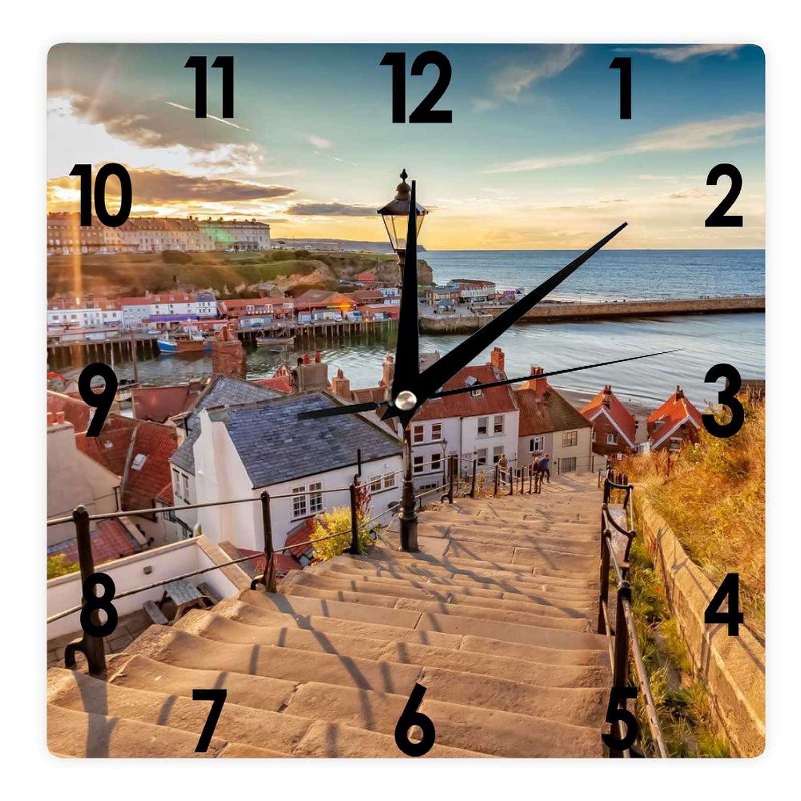 Higoss Square Wall Clock Whitby, North Yorkshire Coast, England Silent Non-Ticking Clock 12 Inch, Battery Operated Accurate Landscape/Cityscape Farmhouse/Home/Office Decor