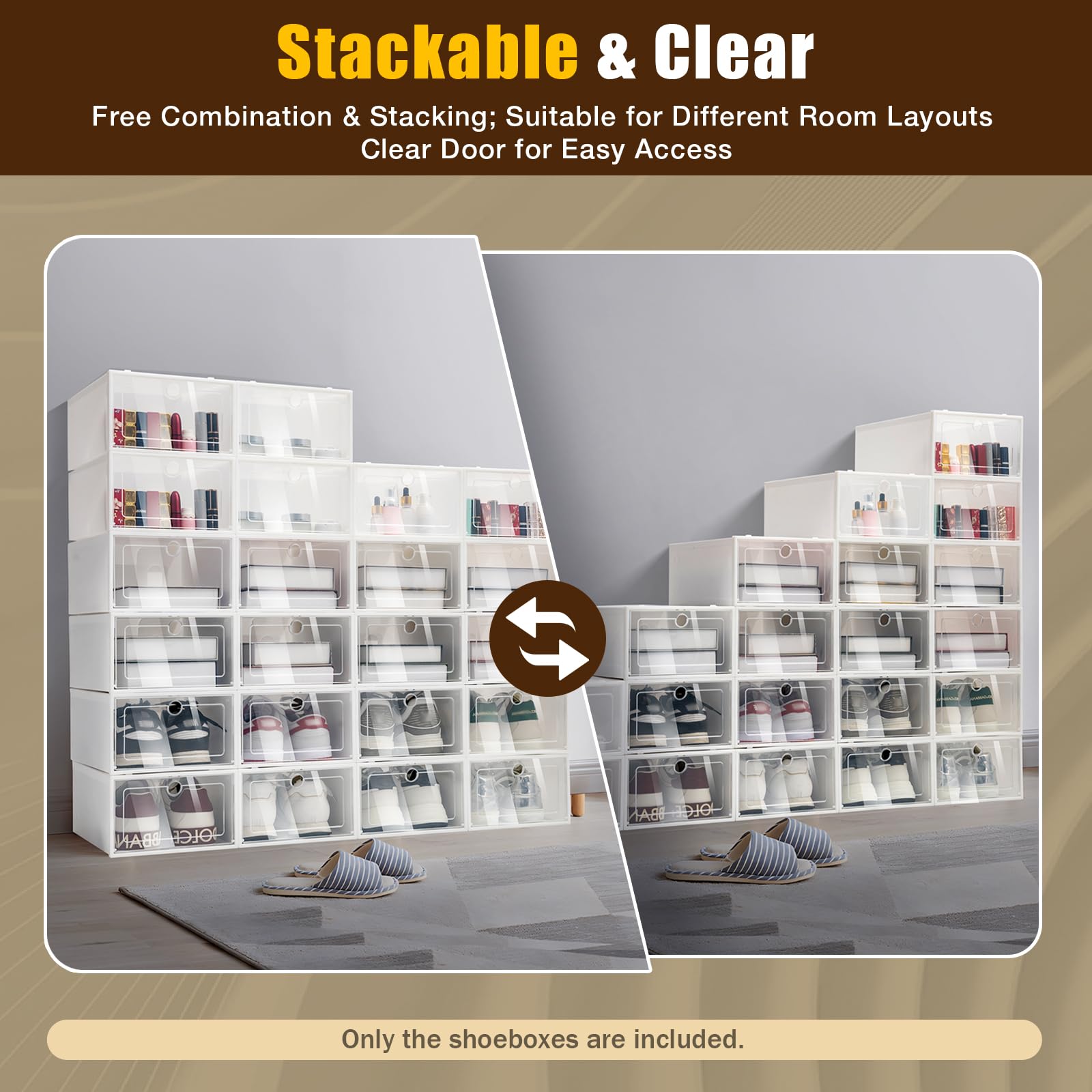 Cajas apilables de plástico transparente para zapatos, plegables, organizador, almacenamiento de zapatos, color blanco, 33 x 23 x 14 cm (juego de 24)