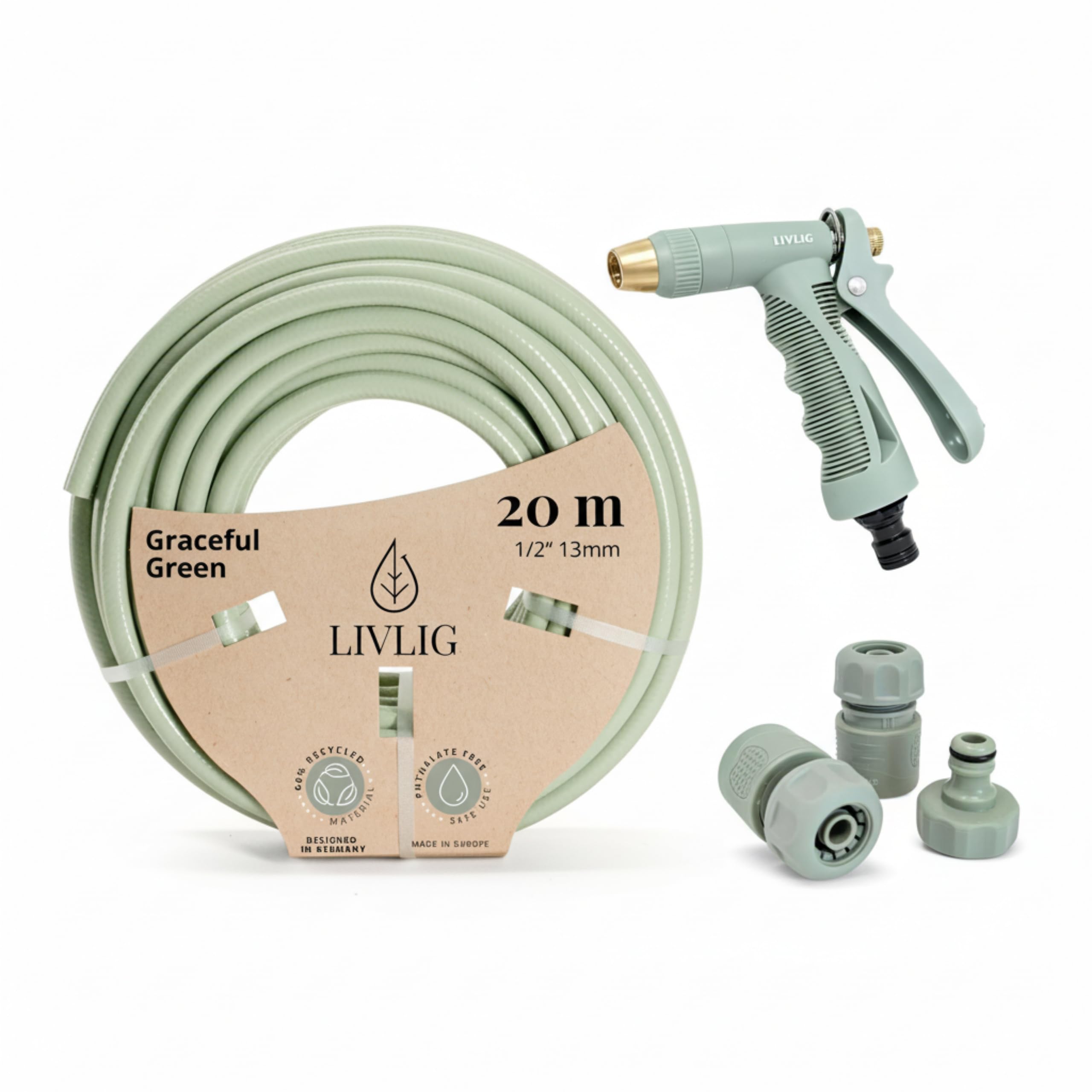 LIVLIG Set tubo 20 m 1/2" – tubo anti‑piegatura e UV con pistola e raccordi (G3/4, stop 1/2, rapido) – Verde