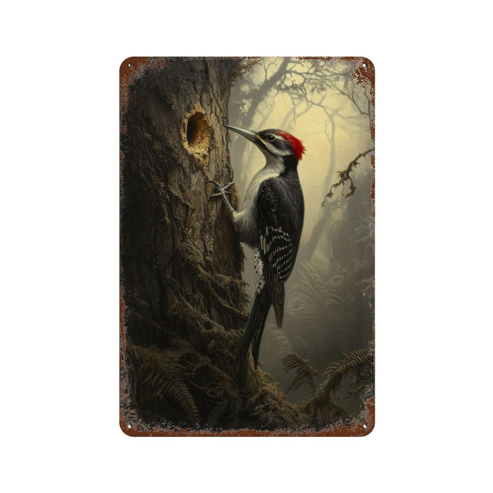 Woodpecker Cottagecore Dark Academia Decor Antique Bird Illustration Woodland Rustic Vintage Wall Decor Art Metal Tin Poster Modern Home Decor Art Home Bar Shop Decorations Vintage Sign 30x20cm