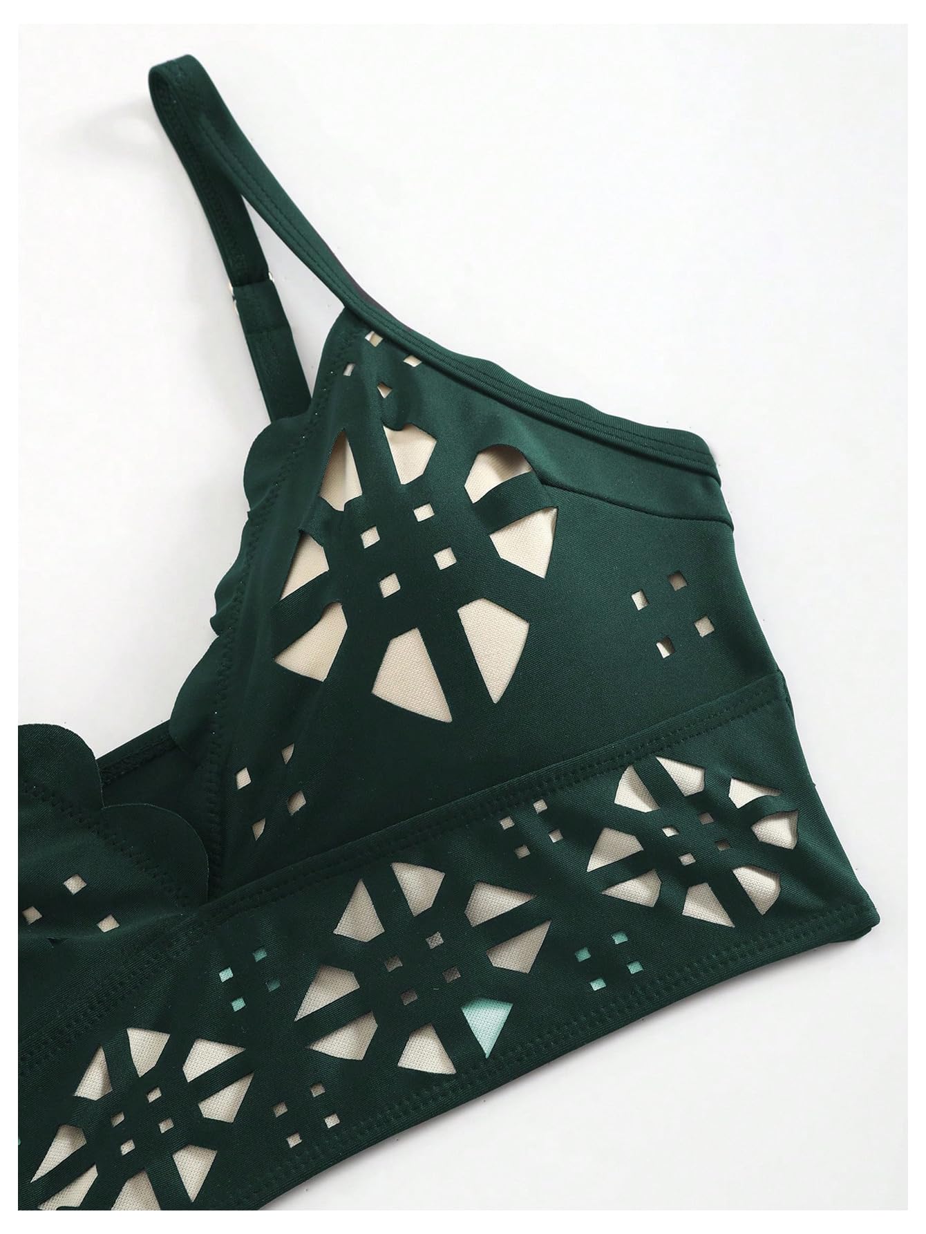 Traje de baño de 3 piezas para mujer, conjunto de bikini hueco con pantalones de cobertura, color verde, talla M