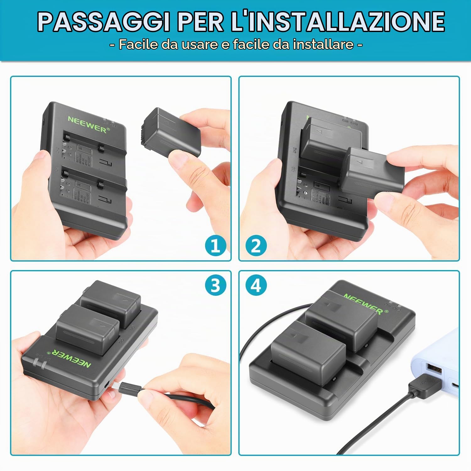 NEEWER VW-VBT190 Set Batteria Sostituiva e Caricatori USB a Doppio Canale, 2 Pack 1950mAh Batterie, Compatibile con Panasonic HC-V110 V130 V160 V180 HC-V201 V210 V250 HC-V380 HC-V510 V520 V550