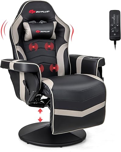 Miniatura 14 de Goplus Silla Gaming, Silla de Videojuegos de Masaje Ajustable en Altura con Reposapiés Retráctil, Portavasos, Reposacabezas, Silla Giratoria de