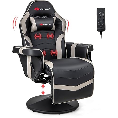 Goplus Gaming Chair, Height Adjustable Massage Video Game Chair with Retractable Footrest, Cup Holder, Headrest, Swivel Office Chair, Racing Style Swivel Gamer Chair