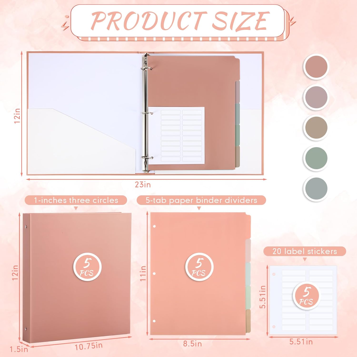 Ctosree 5 Sets 1 Inch Heavy Duty 3 Ring Binder with 2 Pockets with 5 Tab Dividers 8.5 x 11 Inch Plastic Film and File Folder Labels for Letter Size Paper Office Home Supplies(Pastel Color)