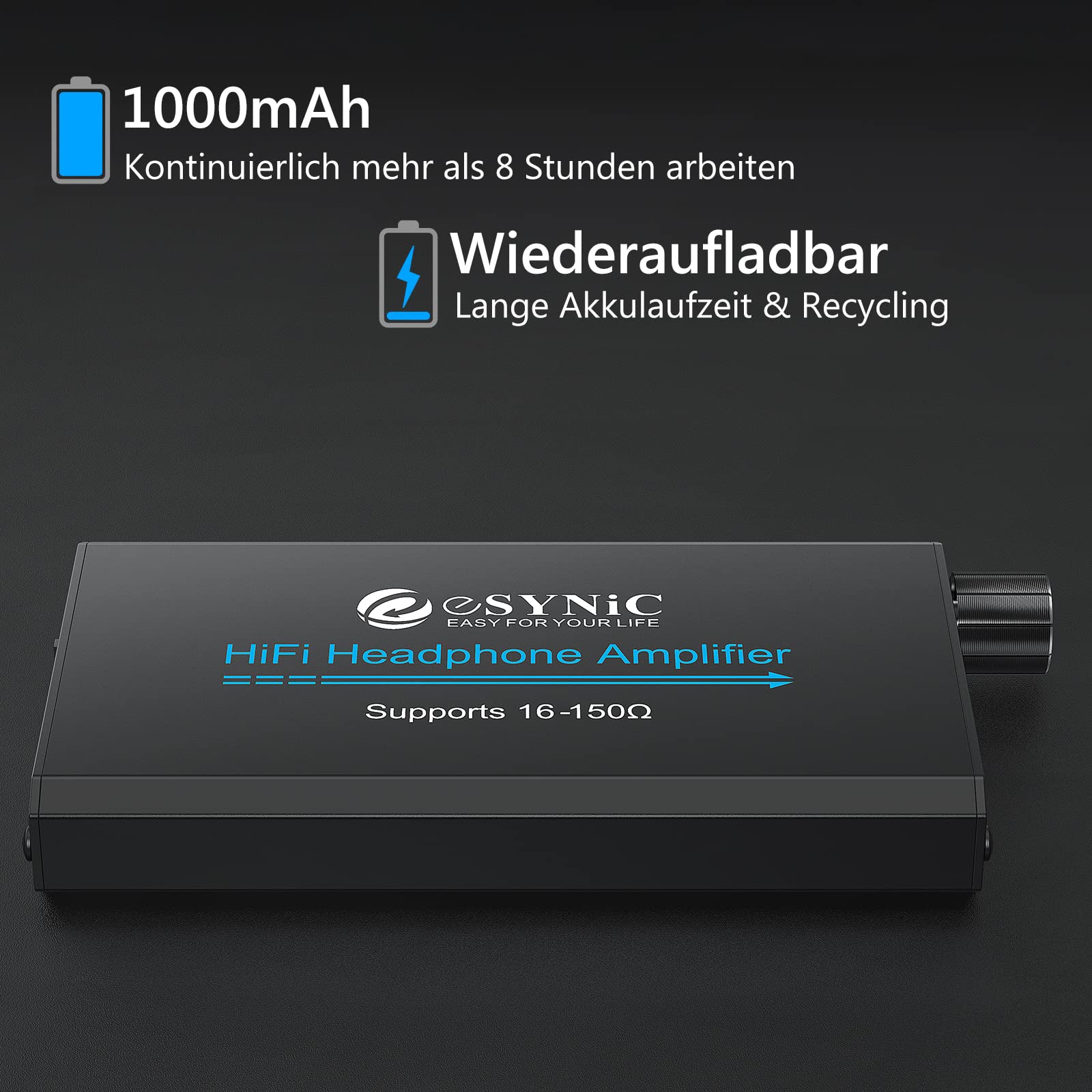 eSynic HiFi Kopfhörer Verstärker – 16-150Ω Mini Kopfhörer Amp Audio Verstärker, 3.5mm AUX Eingang, 1000mAh Akku, tragbar, Aluminium Gehäuse, für MP3, MP4, Smartphone und PC