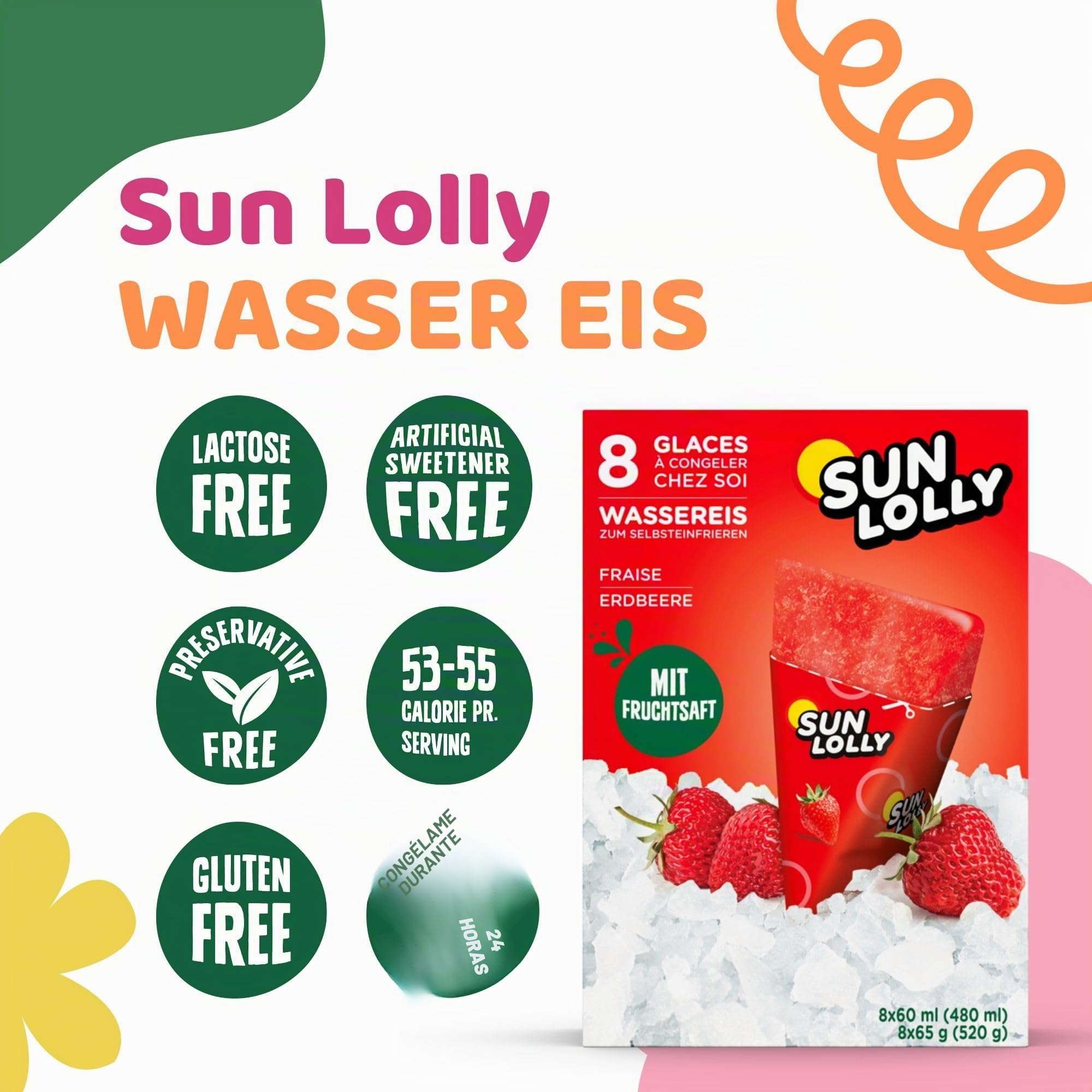 Sun Lolly Helados de agua Fresa 8 piezas 480 ml Sin lactosa Sin gluten