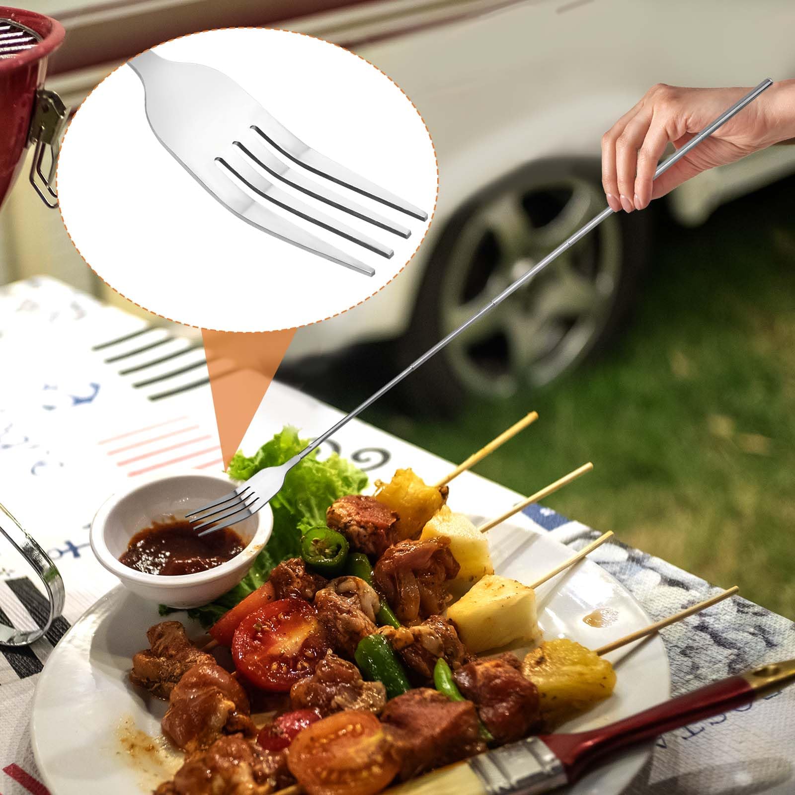 Lot de 2 fourchettes télescopiques extensibles en acier inoxydable - 63 cm de long - Pour dîner, fruits, desserts, barbecue, grillades - 22 à 63 cm