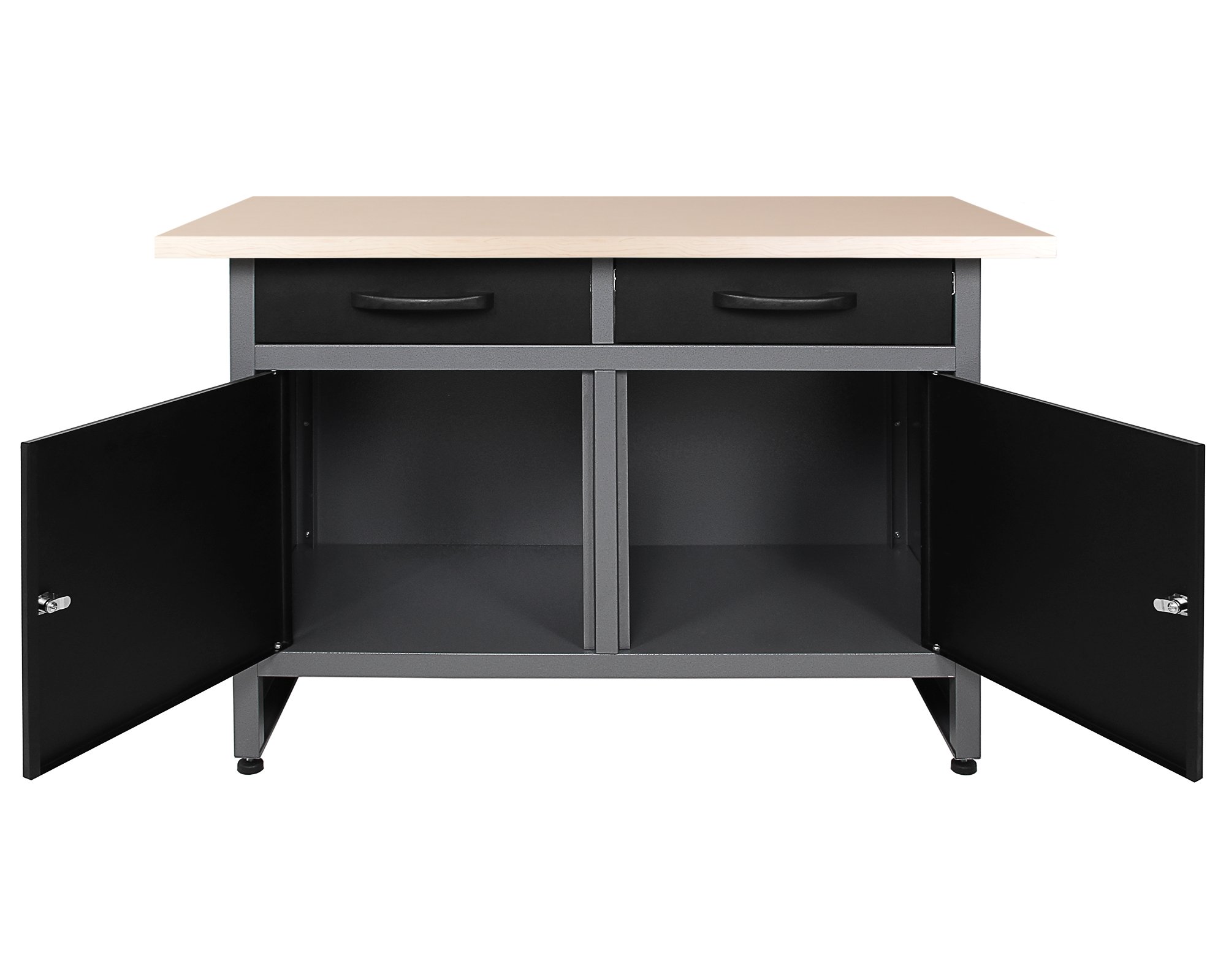 Ondis24 Werkstatt Set Werkstatteinrichtung Werner 240 cm – 2 Werkbänke 120×60×85 cm mit 28 mm Buchenplatte, 6 Lochwände, 22tlg. Haken-Set, abschließbare Türen & Schubladen, höhen