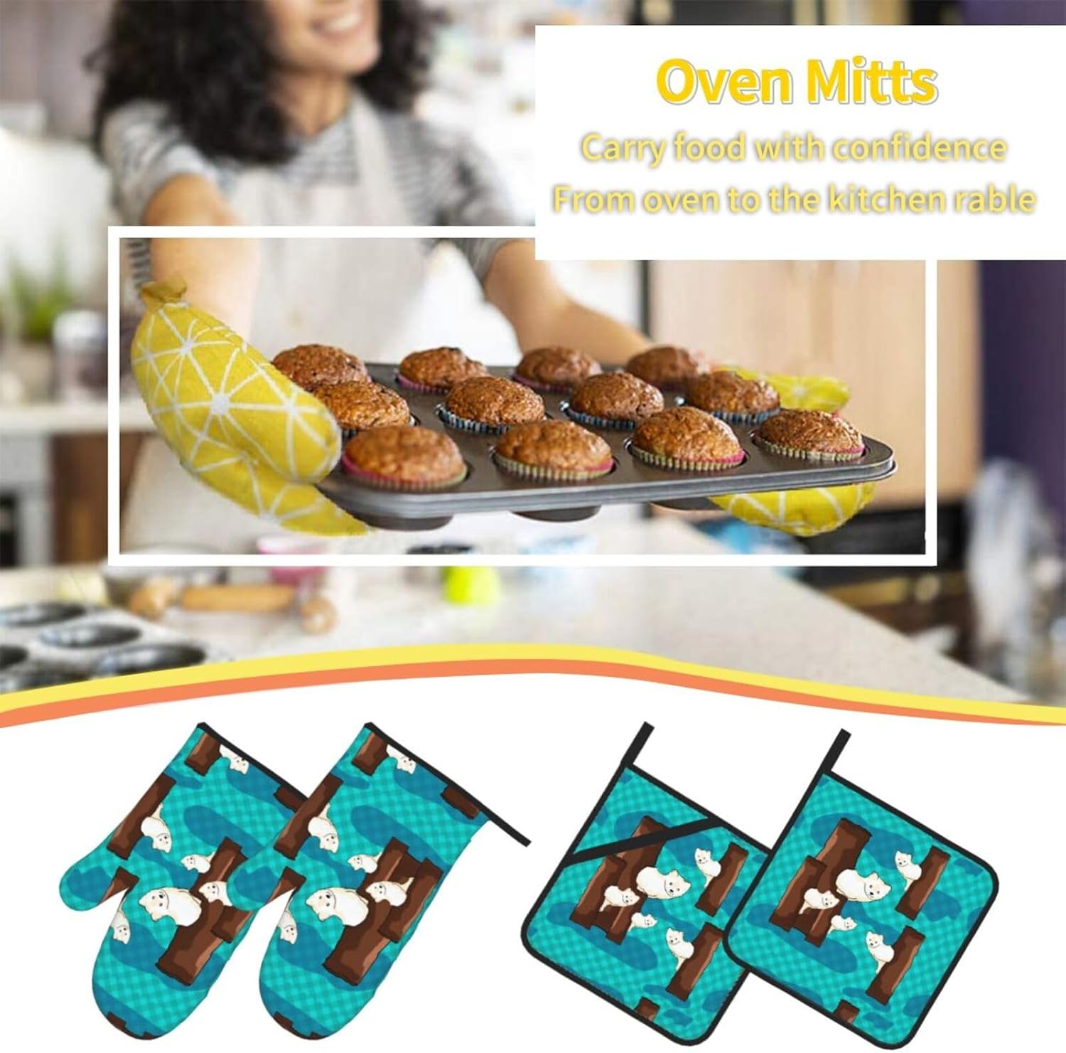 Cute little raccoon Oven gloves and heat-resistant mat 4-piece set. Suitable for grilling, microwave oven frying, and baking
