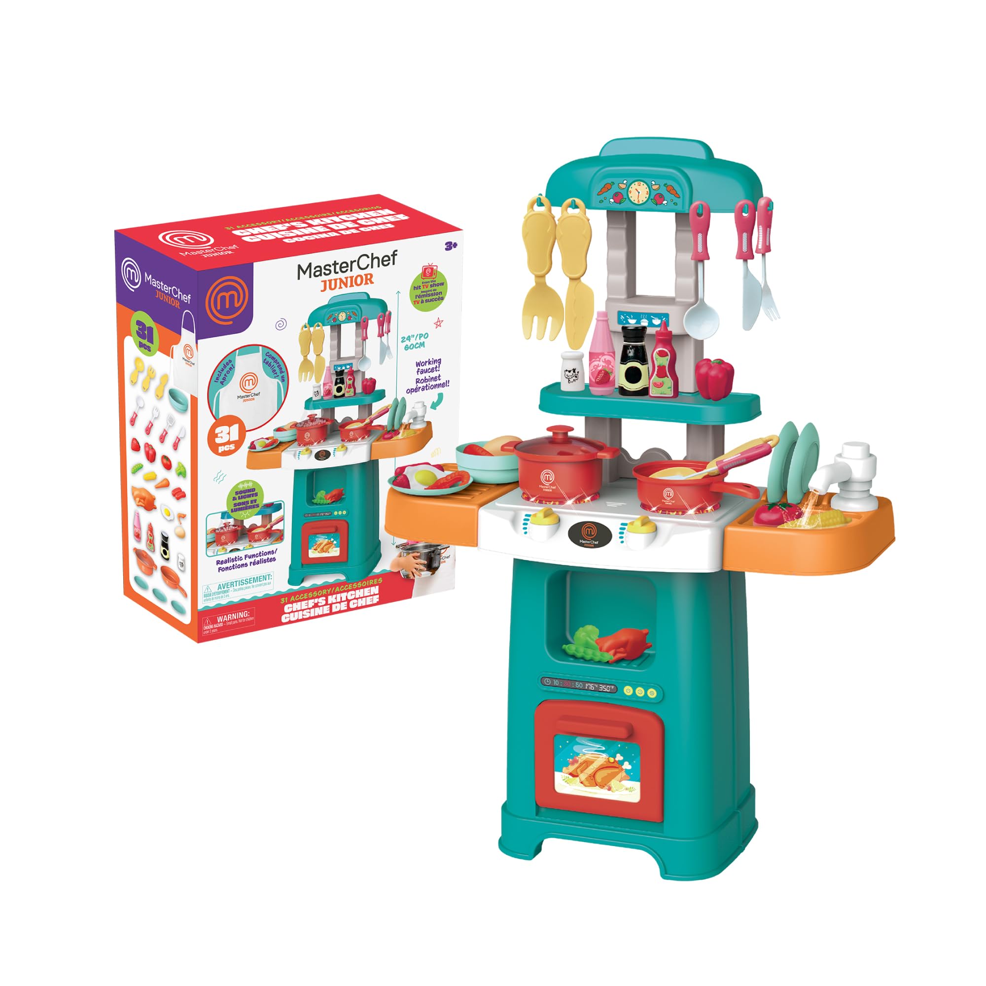 Masterchef Junior Play Kitchen - Cucina compatta con 31 accessori, luci e suoni realistici, include cibo in feltro e grembiule, facile da montare, funziona con 3 batterie AA, Famosa (MTE01000)