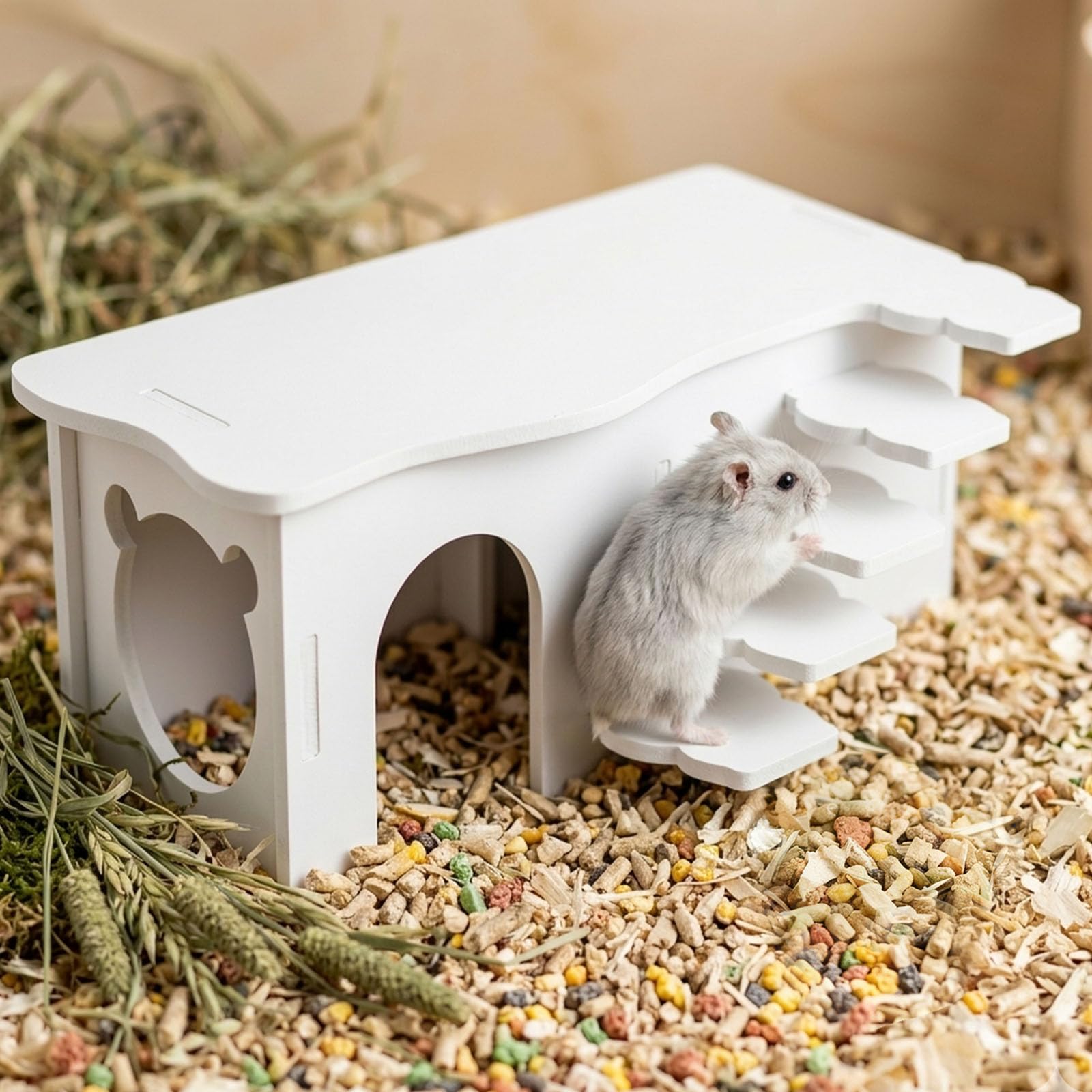 JTENGYAO Wooden Hamster Platform House with Cloud Ladder, Hamster Cage Platform Hideout & Climbing Platform for Hamsters, Gerbils & Mice, Natural Wooden Small Animal Platform Cage Accessories