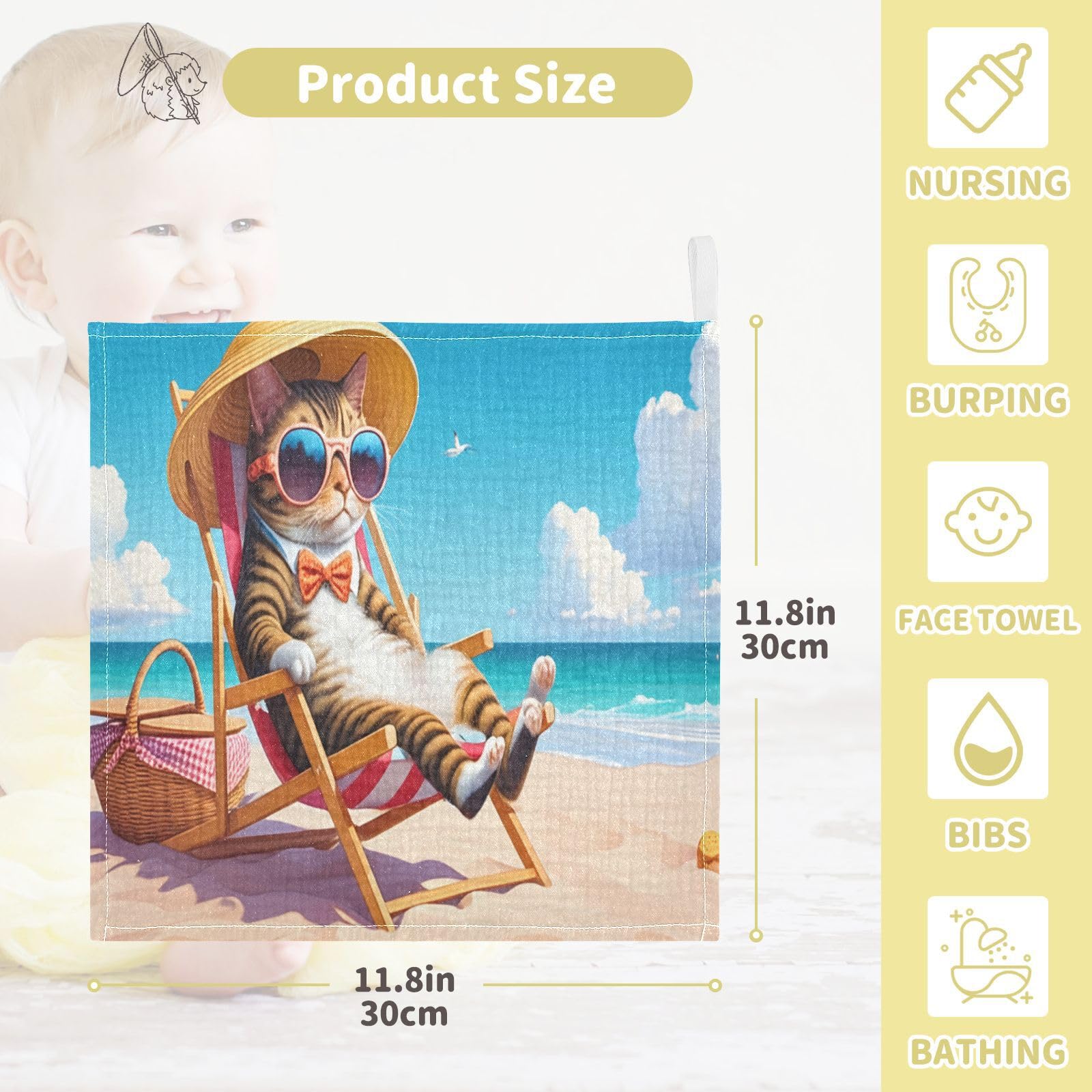 Nander 3Pack Baby Muslin Washcloths,Cat on Beach Vacation Soft Face Cloths for Newborn, Absorbent Bath Wash Cloths, Wipes, Burp Rag,Toddlers Essentials Stuff, Baby Registry as Shower