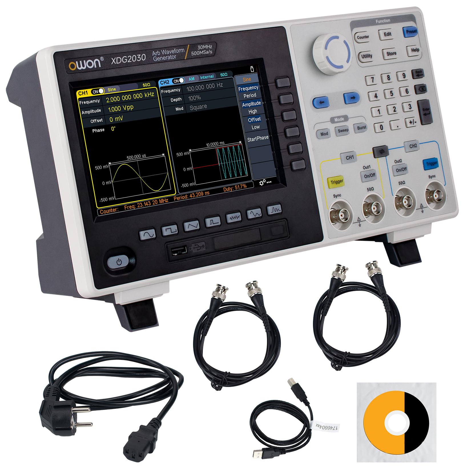 OWON Generador de Funciones de 2 Canales 30 MHz XDG2030, Generador de Forma de Onda Arbitraria, Resolución Vertical de 14 Bits, Velocidad de Muestreo de 500 MSa/s, Generador de Señal con Pantalla LCD