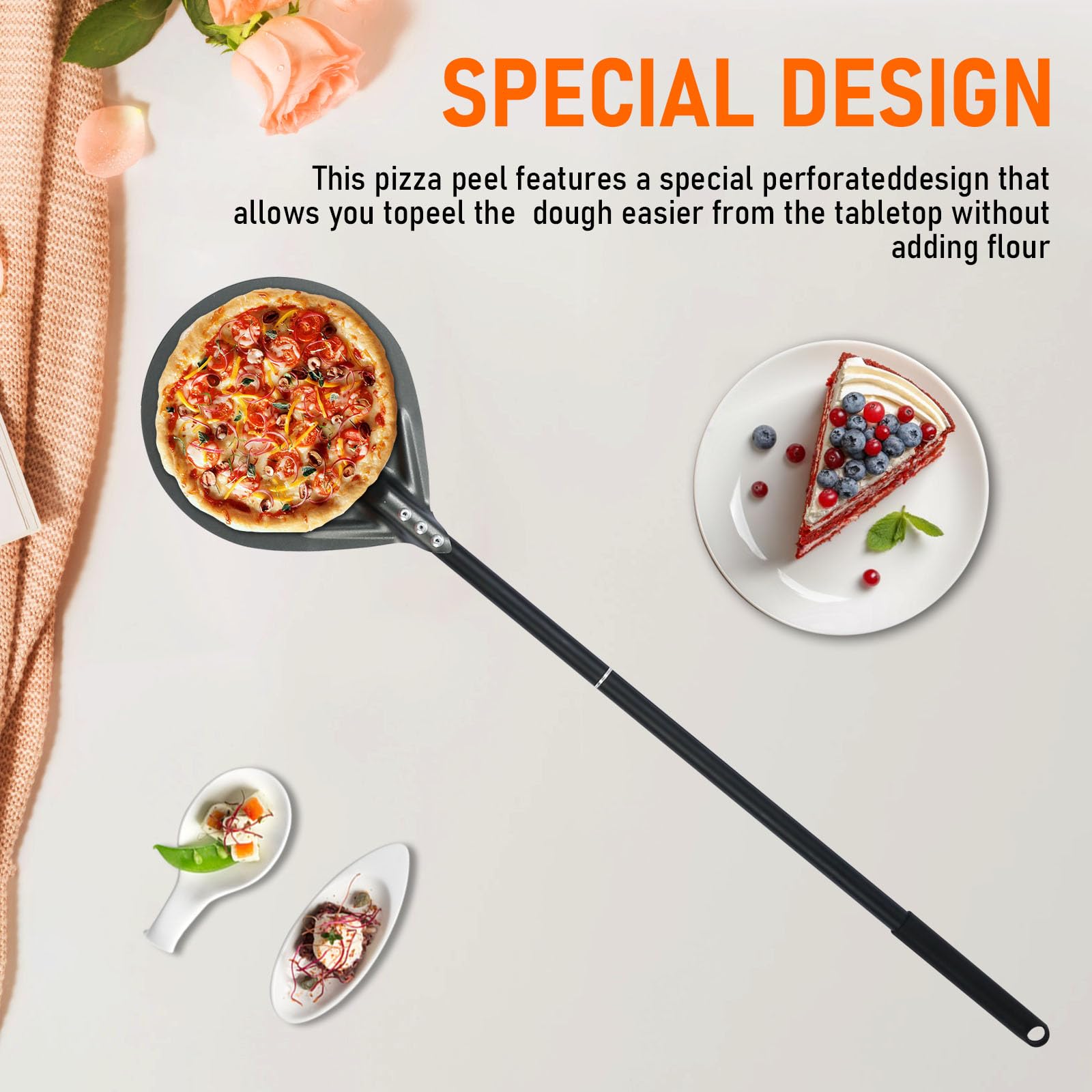 Espátula perforada para pizza de 6 pulgadas, mango largo, espátula de metal para pizza para interiores y exteriores (paquete de 6 pulgadas)