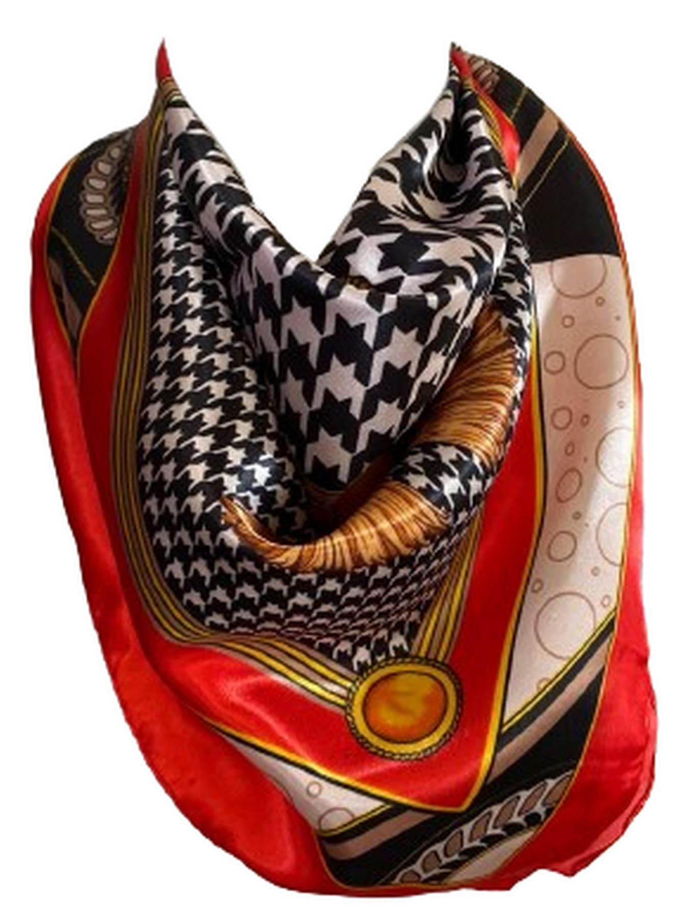 Women’s Houndstooth Print Silk Scarf Satin Large Square Bandana Neck Hair Scarf, Beach Bandanas, Head Scarves, Neckerchief (Red)