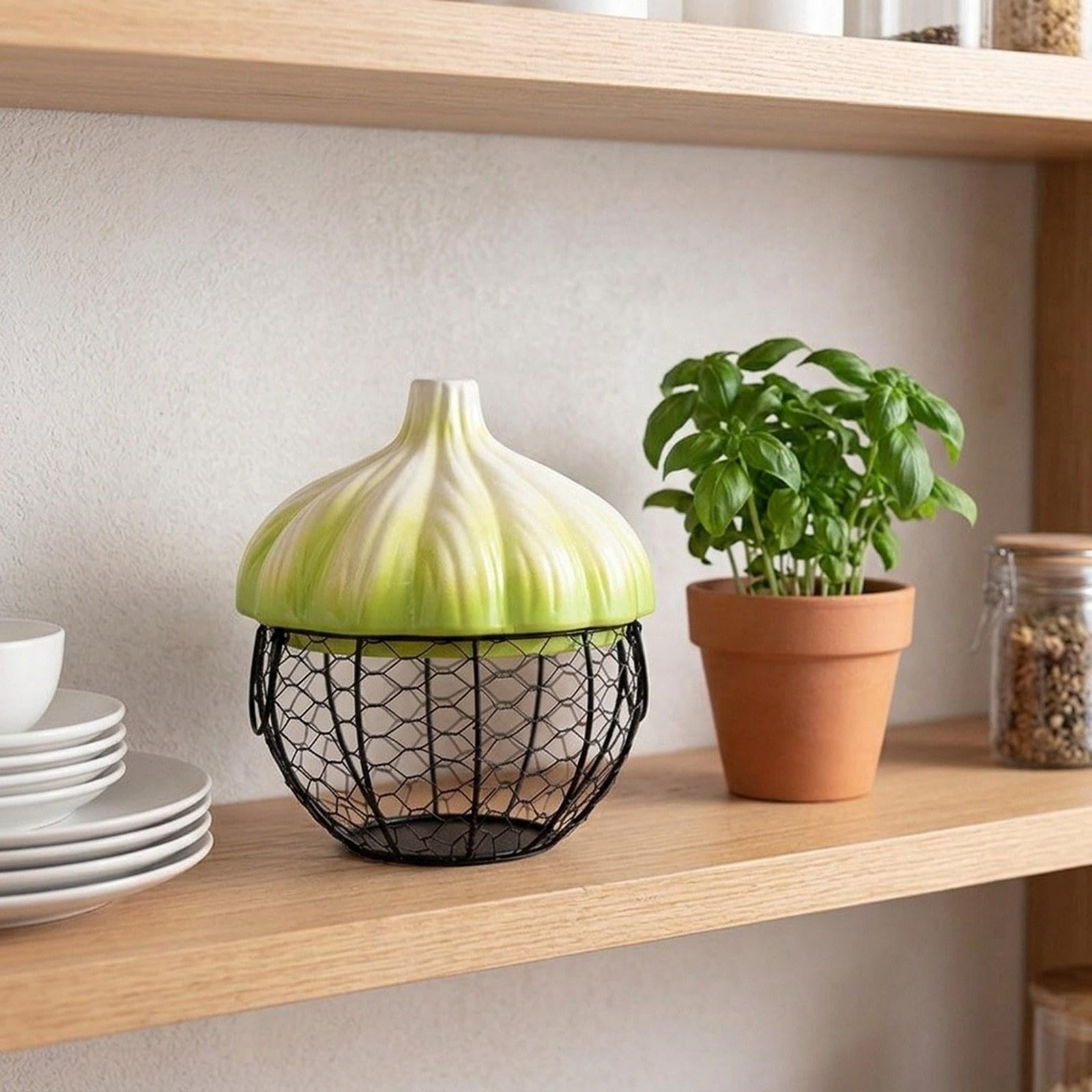 Canasta de Cesta para Guardar Huevos Recipiente de Verduras Frutero Alambre Metálico Cerámica E Hierro con Asa Práctica Adecuado para Pantalla de, Verde, Individual